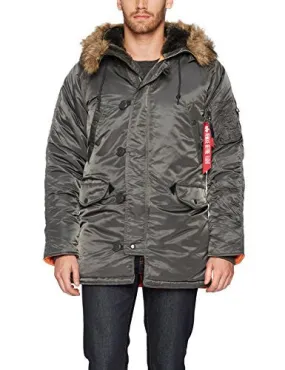 Alpha Industries Men's N-3B Slim-Fit Parka Jacket with Removable Faux-Fur Hood Trim, Replica Gray/Orange, X-Large