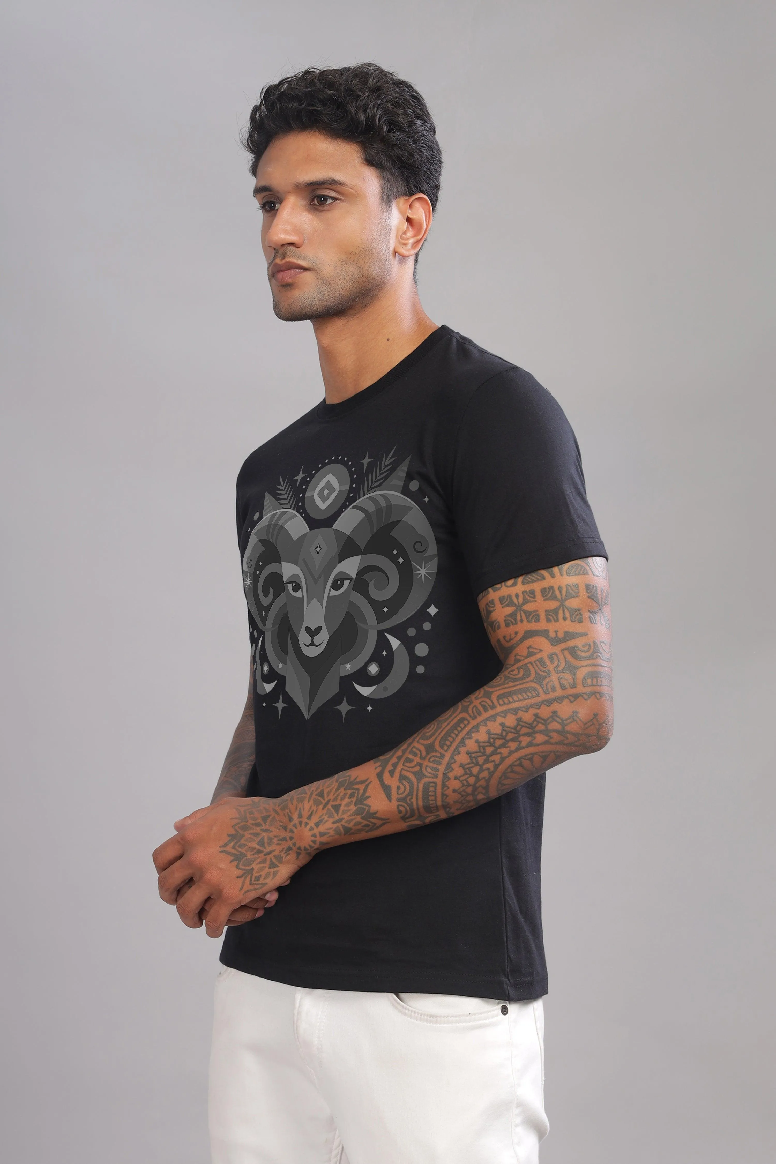Aries Vibe Black Half Sleeve Printed Round Neck T-Shirt