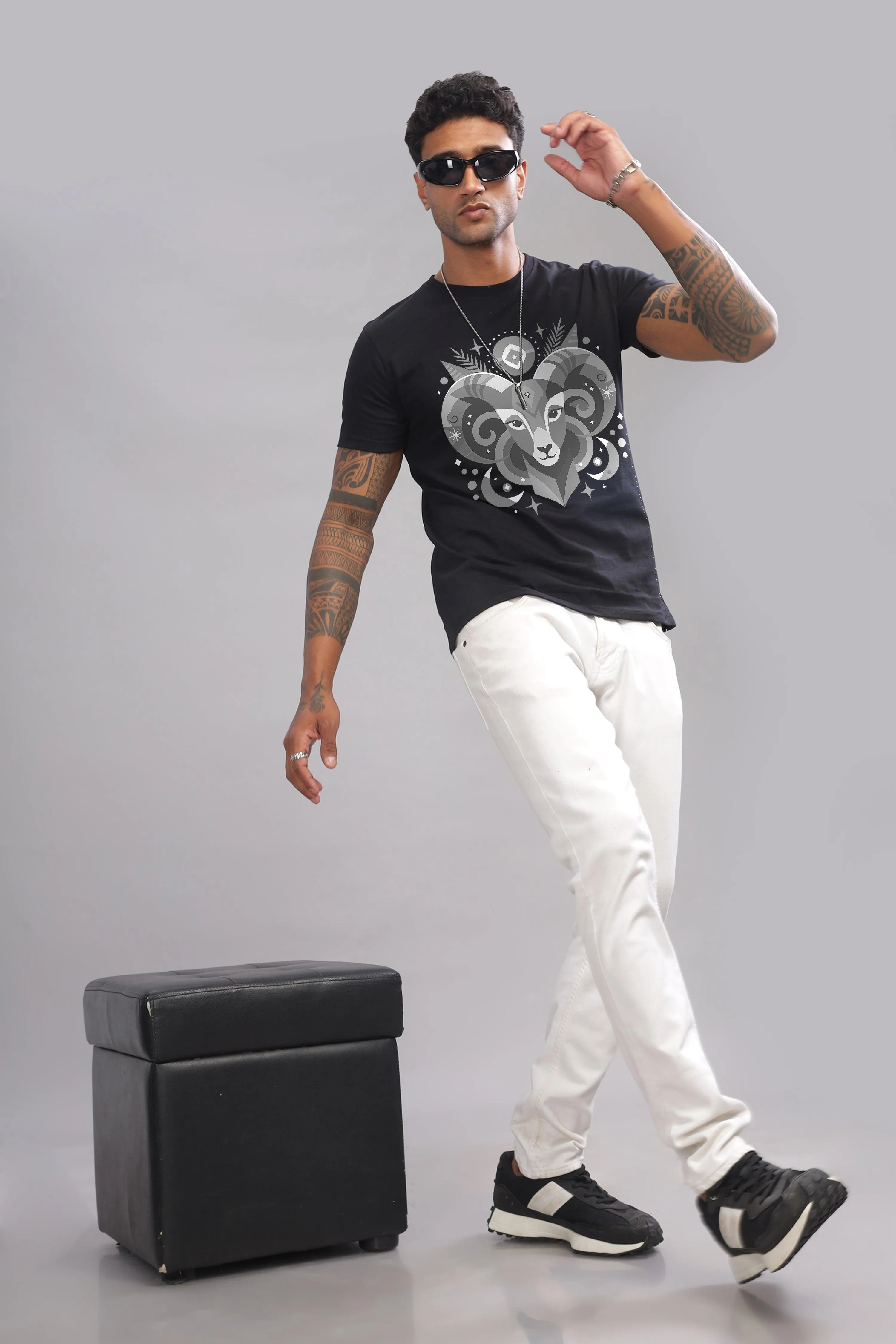 Aries Vibe Black Half Sleeve Printed Round Neck T-Shirt