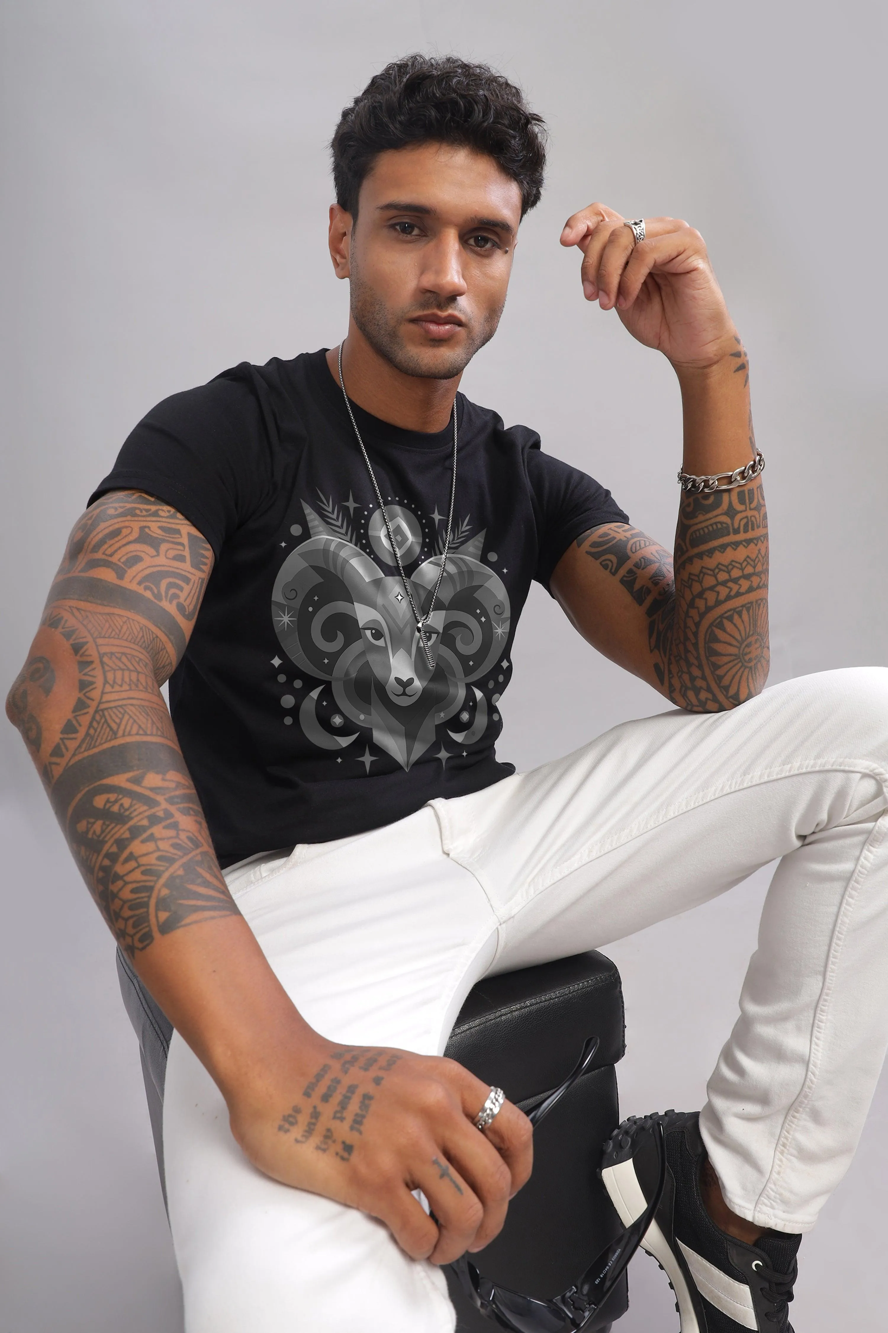 Aries Vibe Black Half Sleeve Printed Round Neck T-Shirt