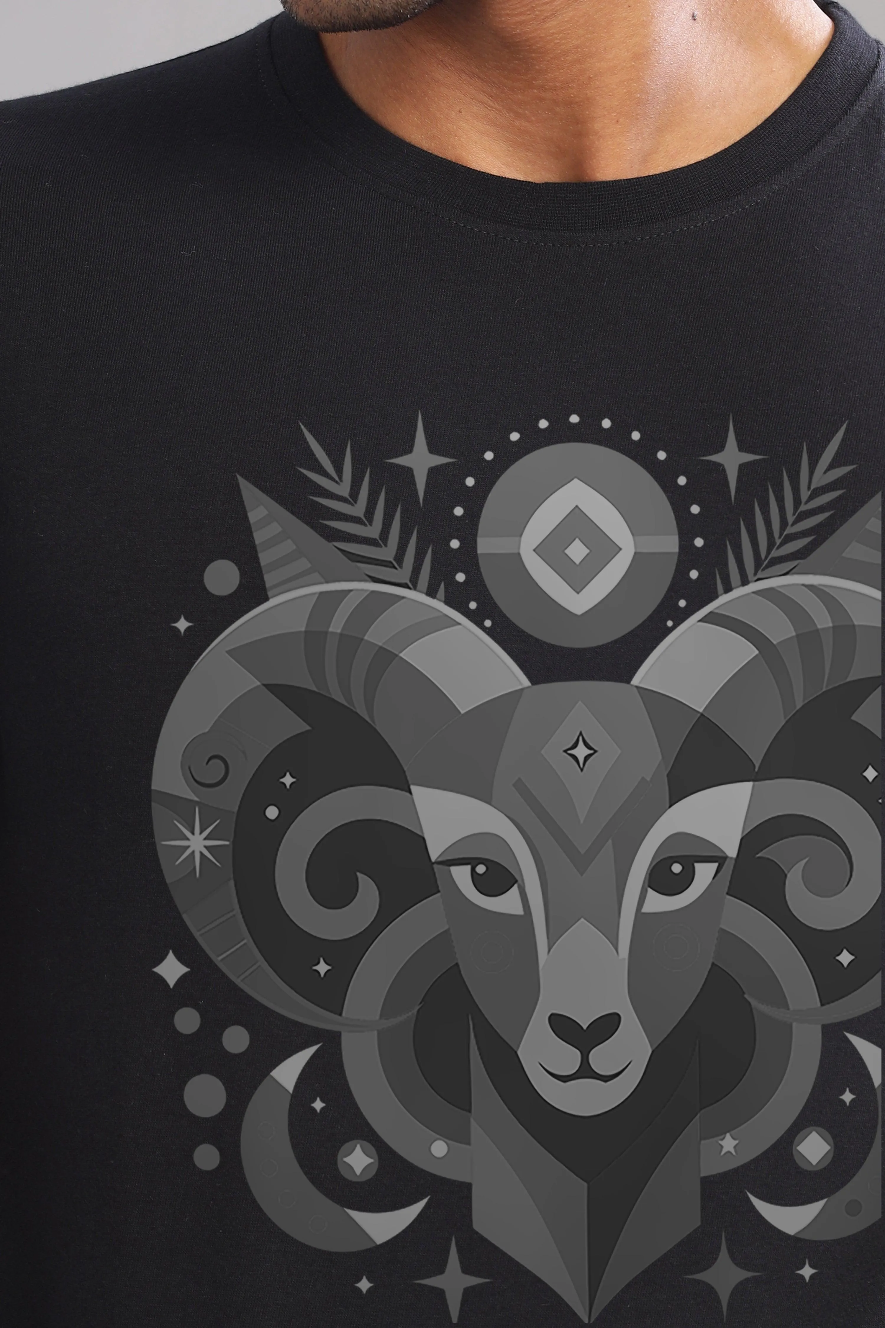 Aries Vibe Black Half Sleeve Printed Round Neck T-Shirt