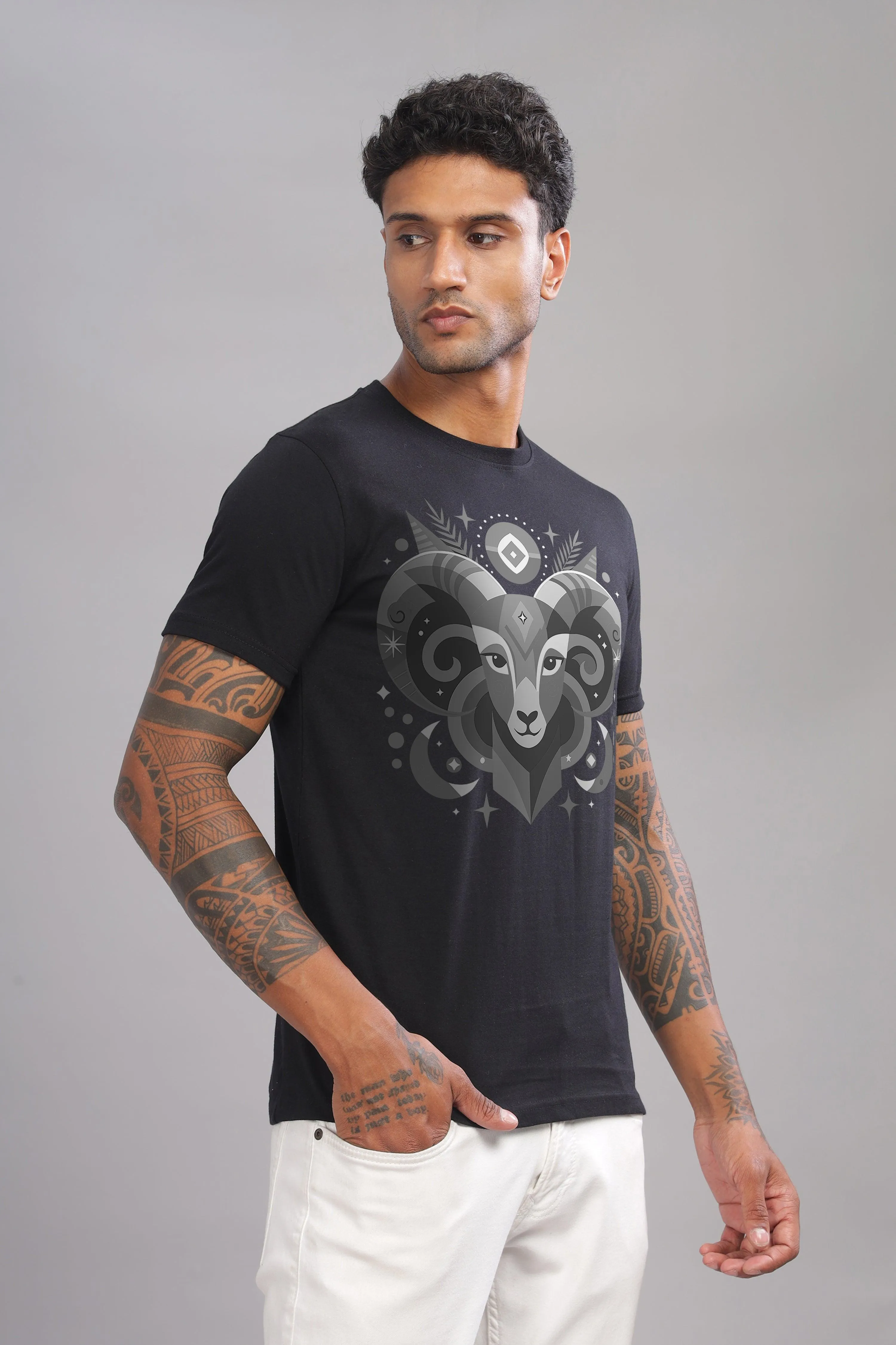 Aries Vibe Black Half Sleeve Printed Round Neck T-Shirt