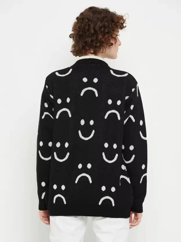 Black Smiley Sweater with Button Closure Cardigans