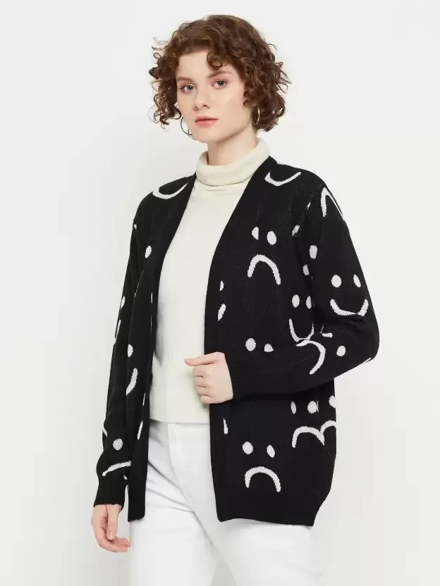 Black Smiley Sweater with Button Closure Cardigans