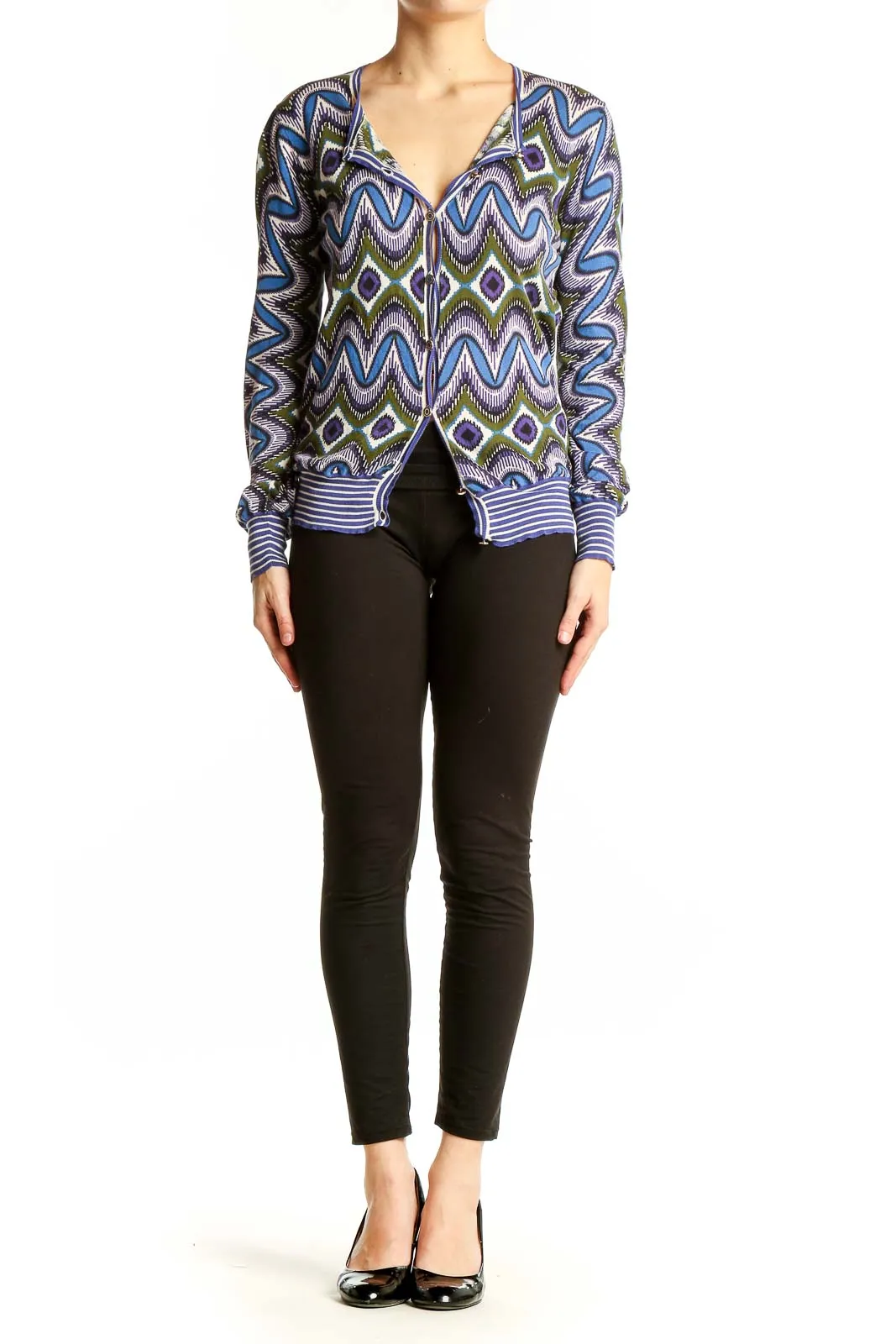 Blue Geometric Print Cotton Cardigan