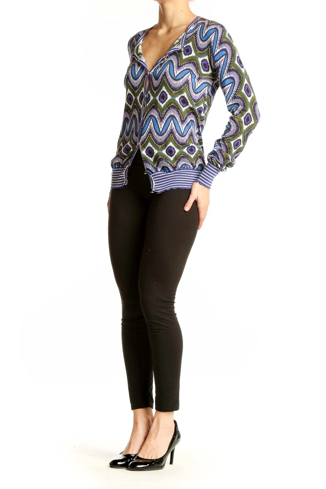 Blue Geometric Print Cotton Cardigan