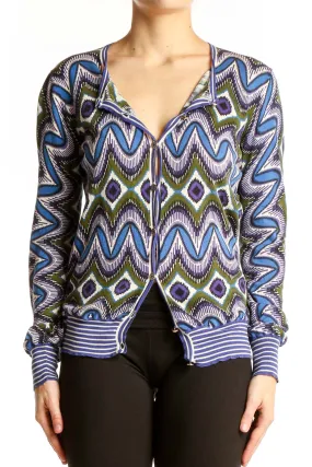Blue Geometric Print Cotton Cardigan