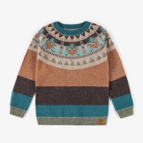 Chandail en jacquard turquoise en maille, enfant || Turquoise jacquard knitted sweatshirt, child