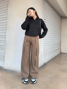 Coffee Cargo Wide Leg Korean Pants