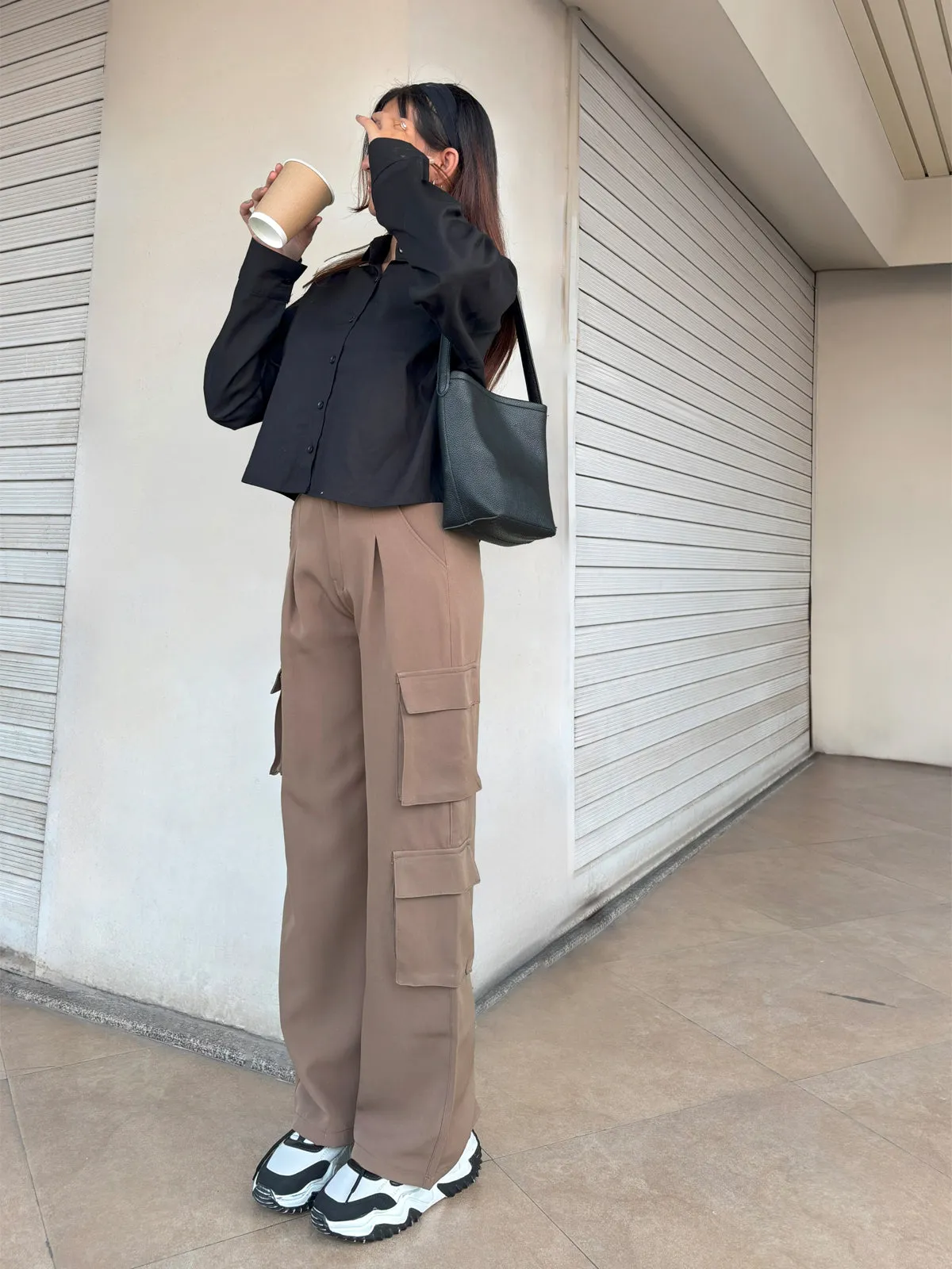 Coffee Cargo Wide Leg Korean Pants
