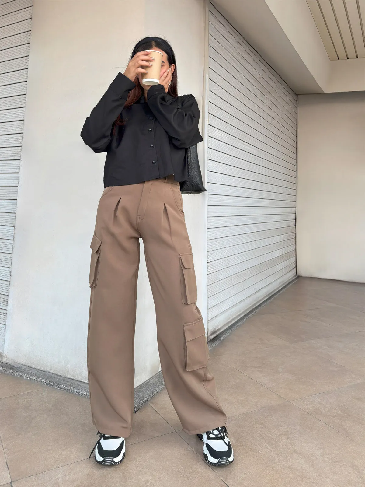 Coffee Cargo Wide Leg Korean Pants
