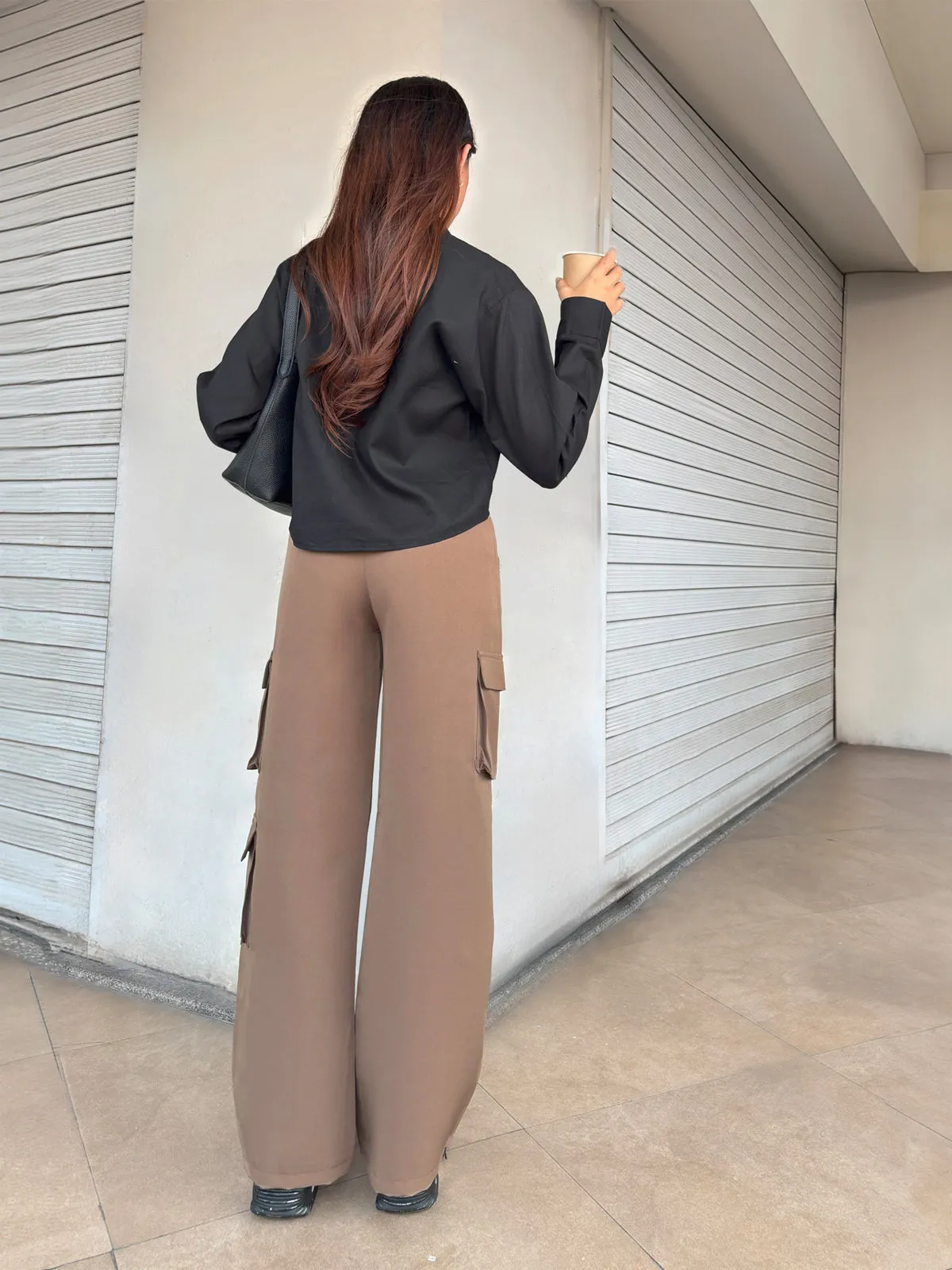 Coffee Cargo Wide Leg Korean Pants