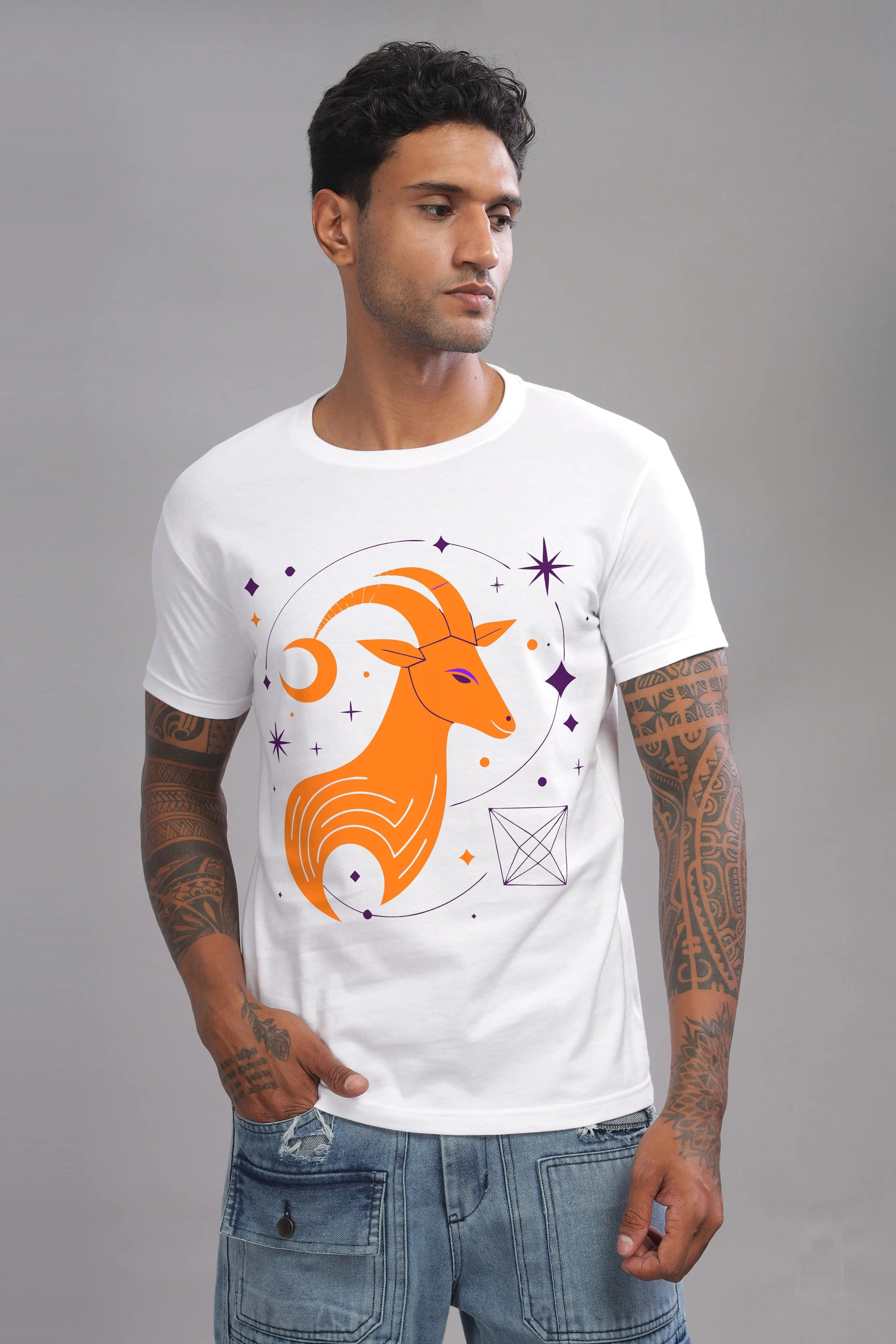 Cosmic Capricorn White Half Sleeve Printed Round Neck T-Shirt