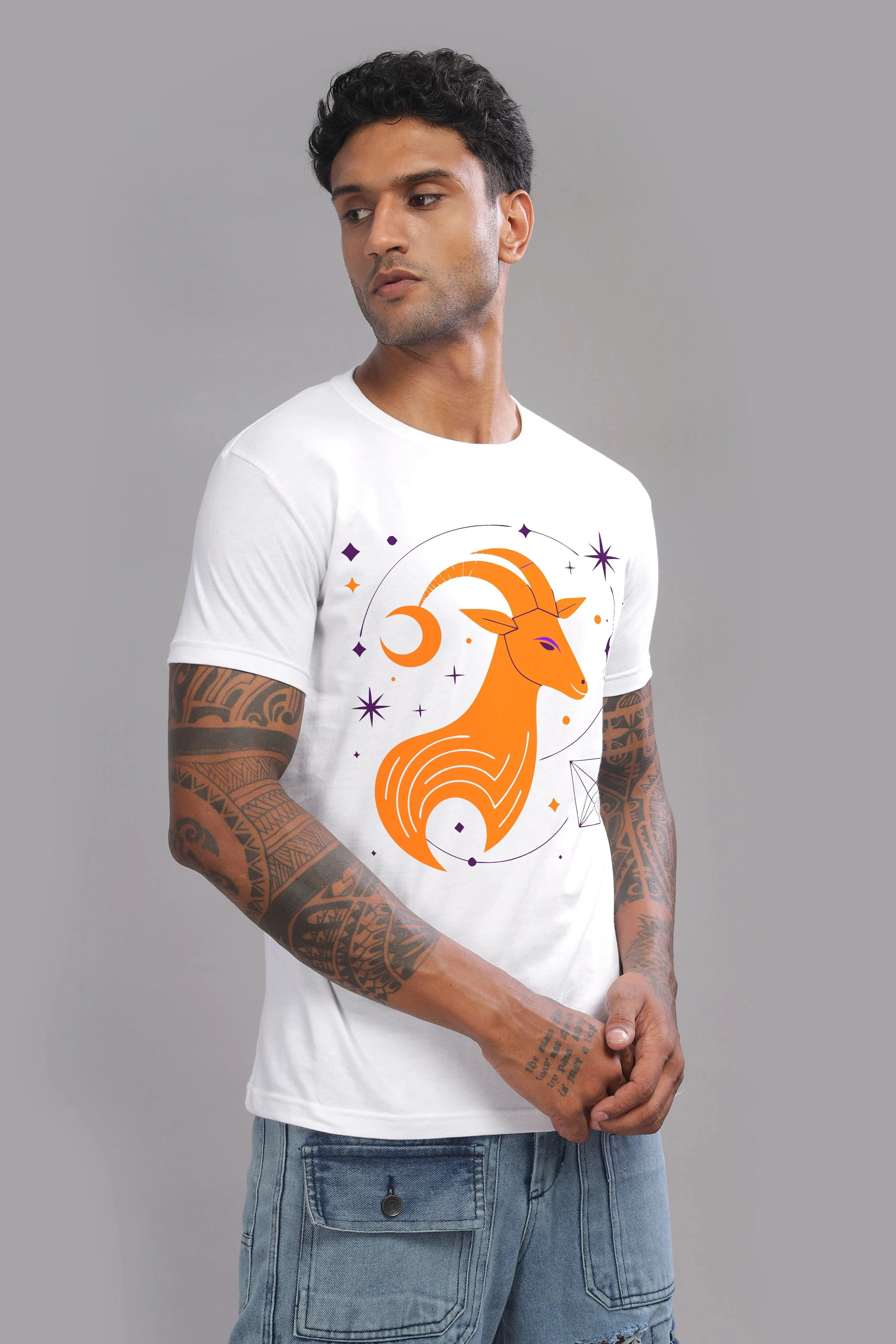 Cosmic Capricorn White Half Sleeve Printed Round Neck T-Shirt