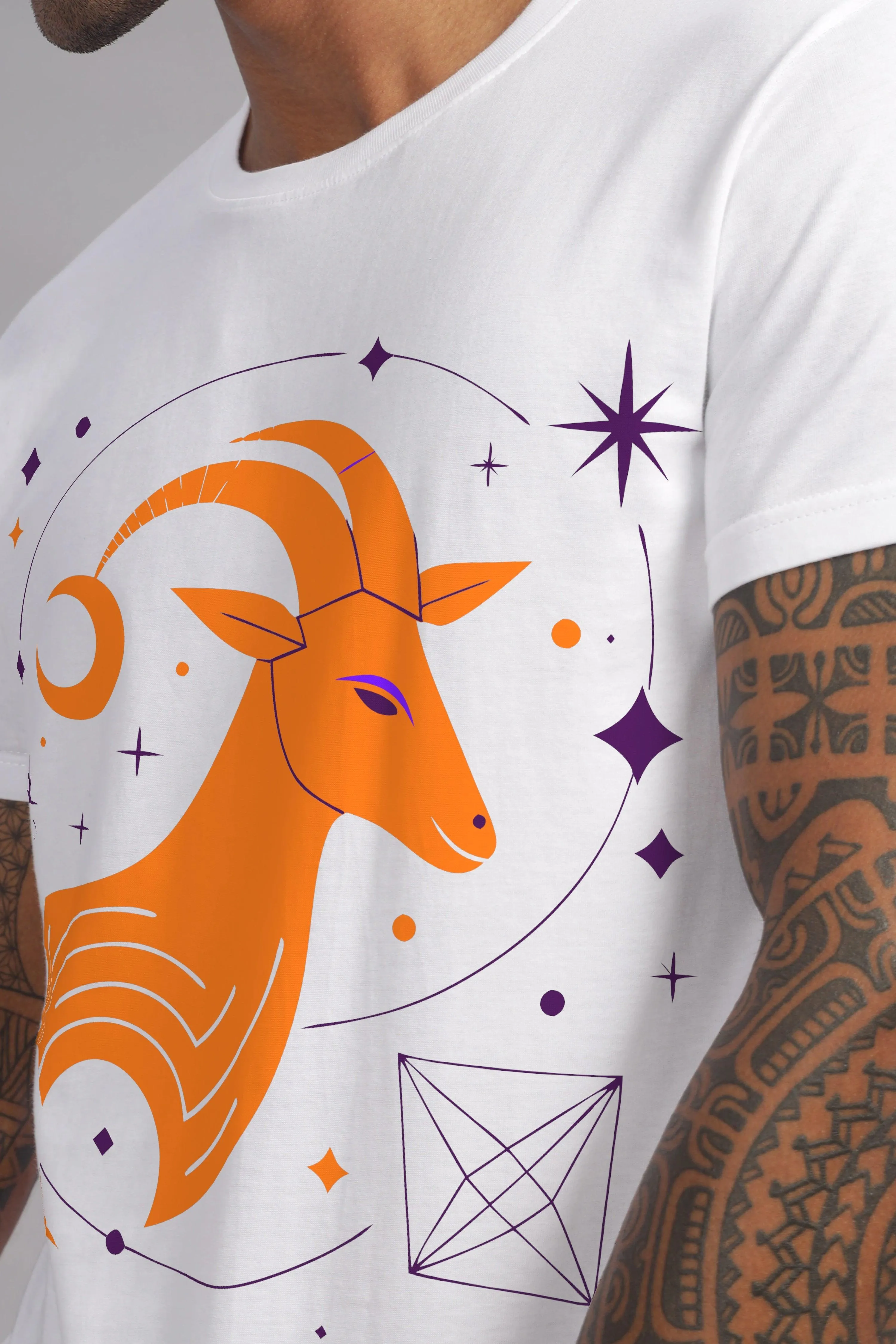 Cosmic Capricorn White Half Sleeve Printed Round Neck T-Shirt