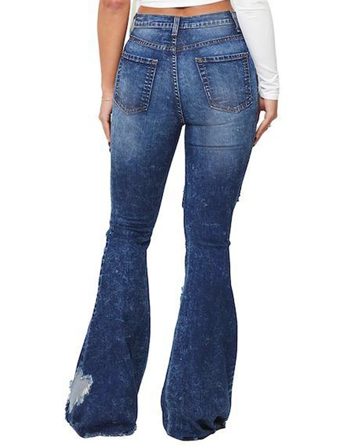 Dark Blue Mid-Waist Ripped Heart Flared Denim Jeans