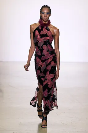 Fur Trim Butterfly Velvet Gown