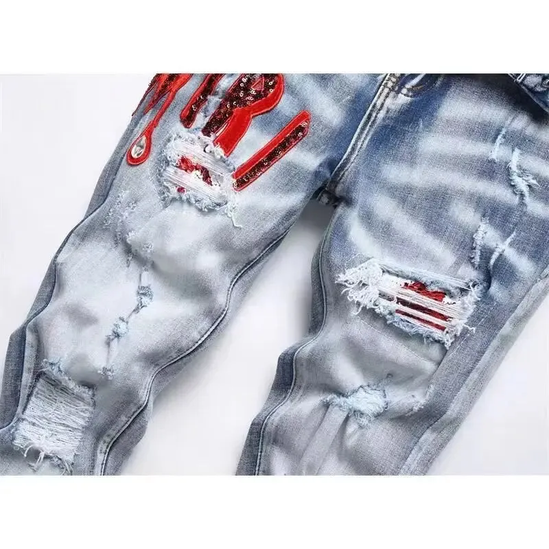 High Street Stretch Embroidery Ripped Streetwear