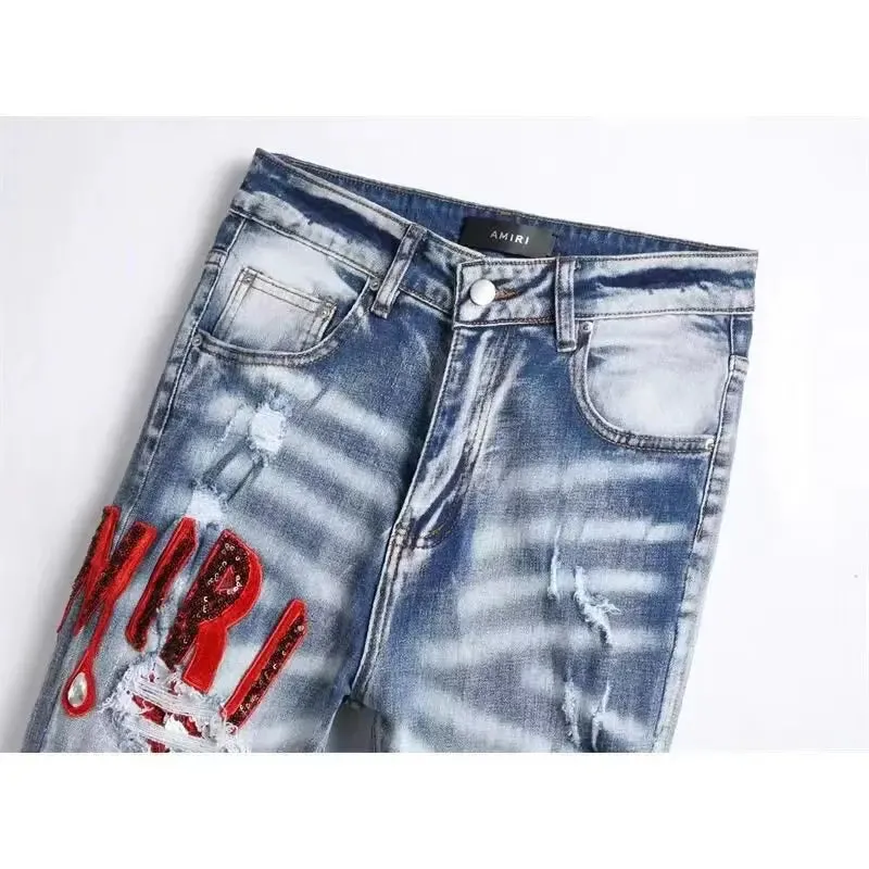 High Street Stretch Embroidery Ripped Streetwear