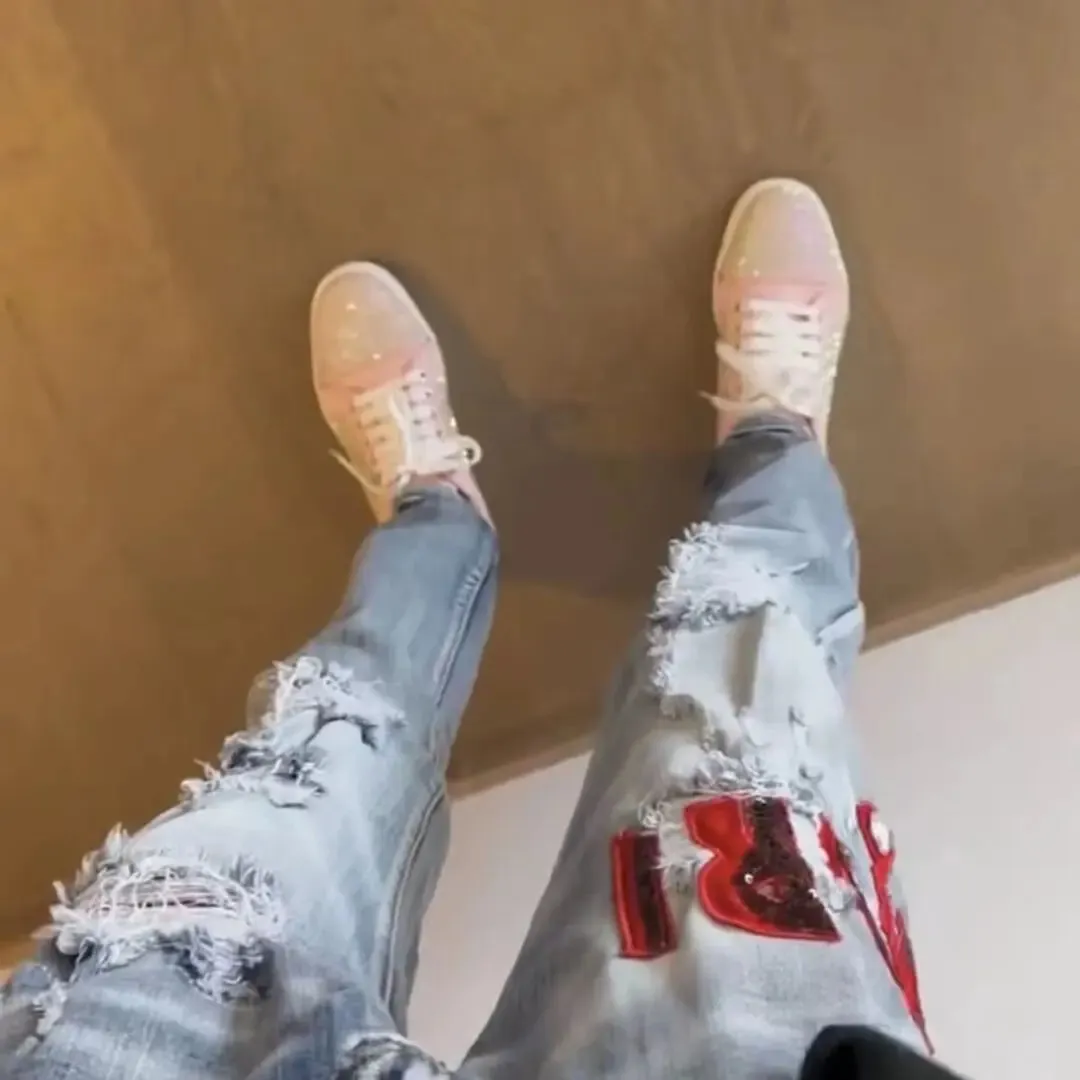 High Street Stretch Embroidery Ripped Streetwear