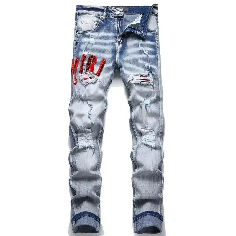 High Street Stretch Embroidery Ripped Streetwear