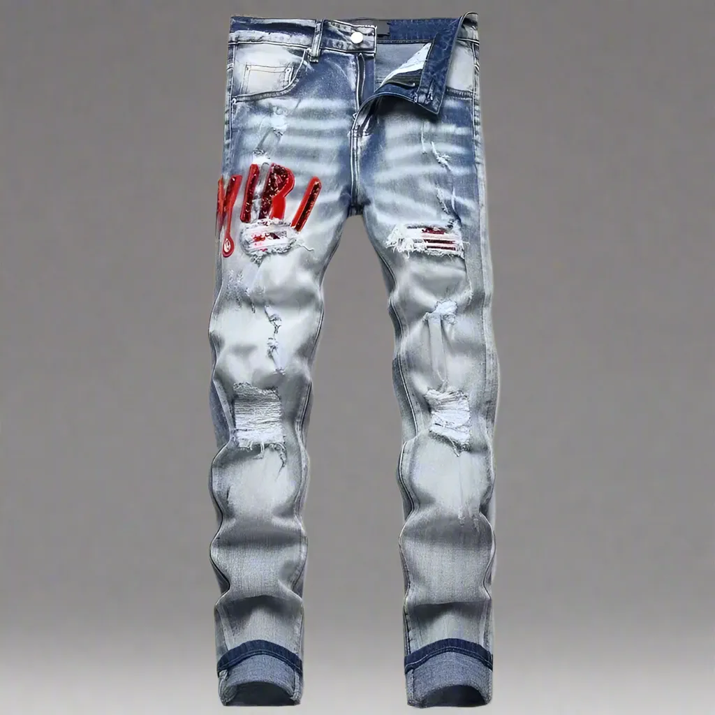 High Street Stretch Embroidery Ripped Streetwear