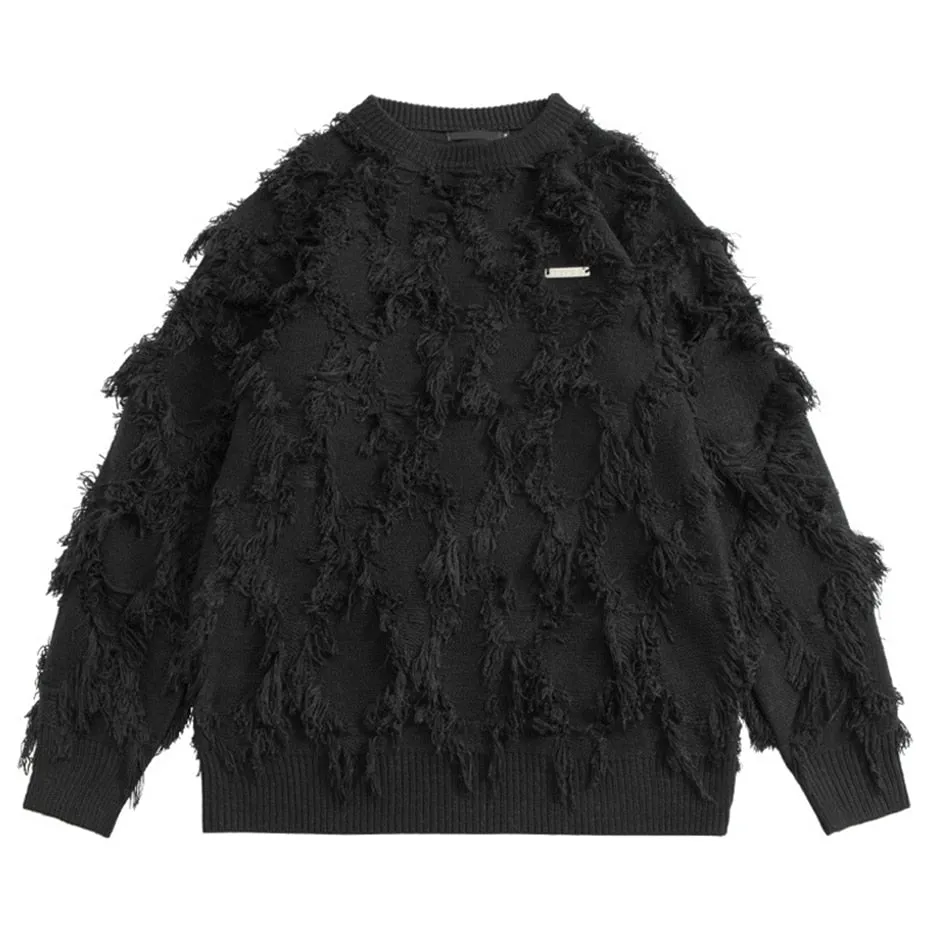 Ilooove Distressed Tassel Sweaters Men's Oversized Streetwear Sweaters Black White Fashion Hip Hop Jumpers Knitted Pullovers