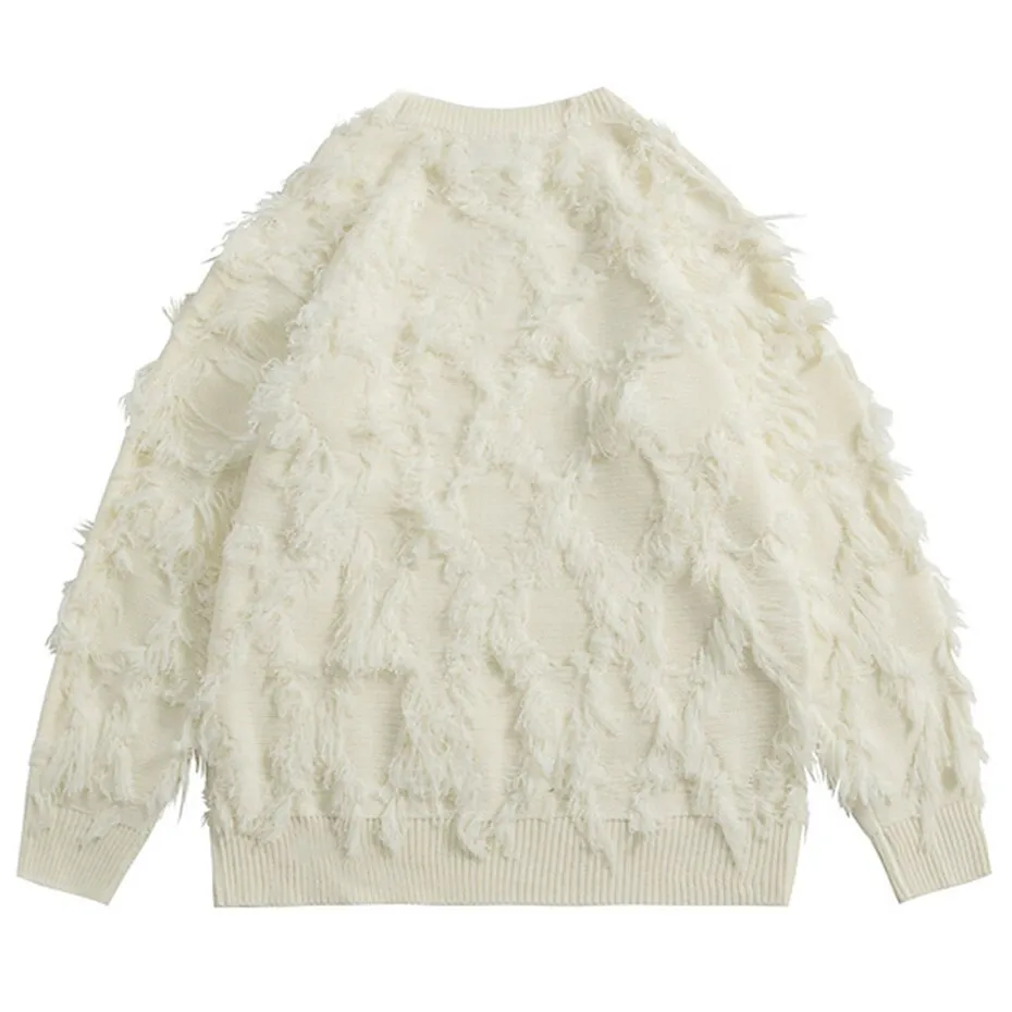 Ilooove Distressed Tassel Sweaters Men's Oversized Streetwear Sweaters Black White Fashion Hip Hop Jumpers Knitted Pullovers