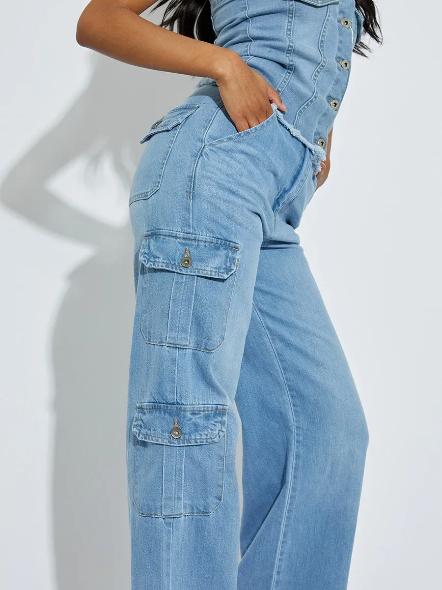Julian Wide Leg Denim Cargo Trousers In Blue