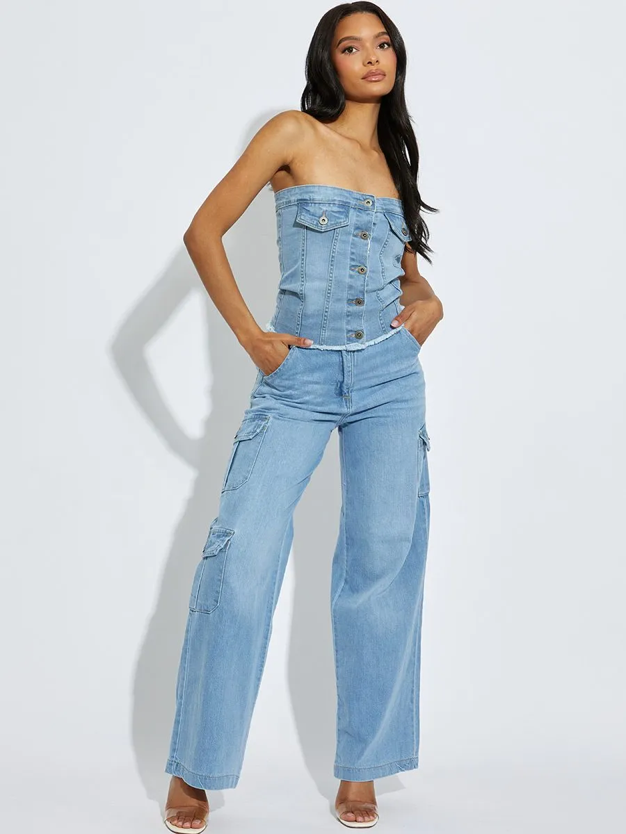 Julian Wide Leg Denim Cargo Trousers In Blue