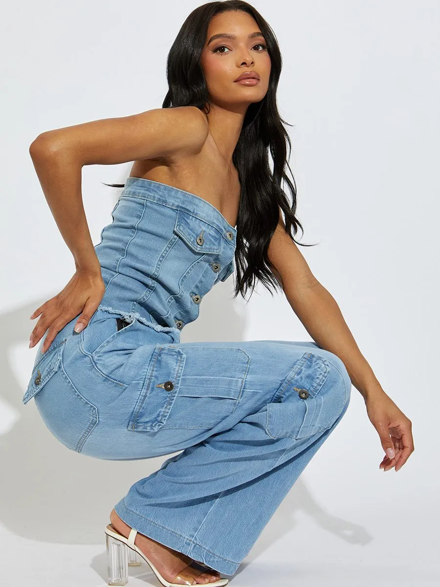 Julian Wide Leg Denim Cargo Trousers In Blue