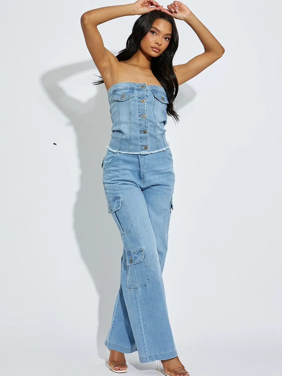 Julian Wide Leg Denim Cargo Trousers In Blue