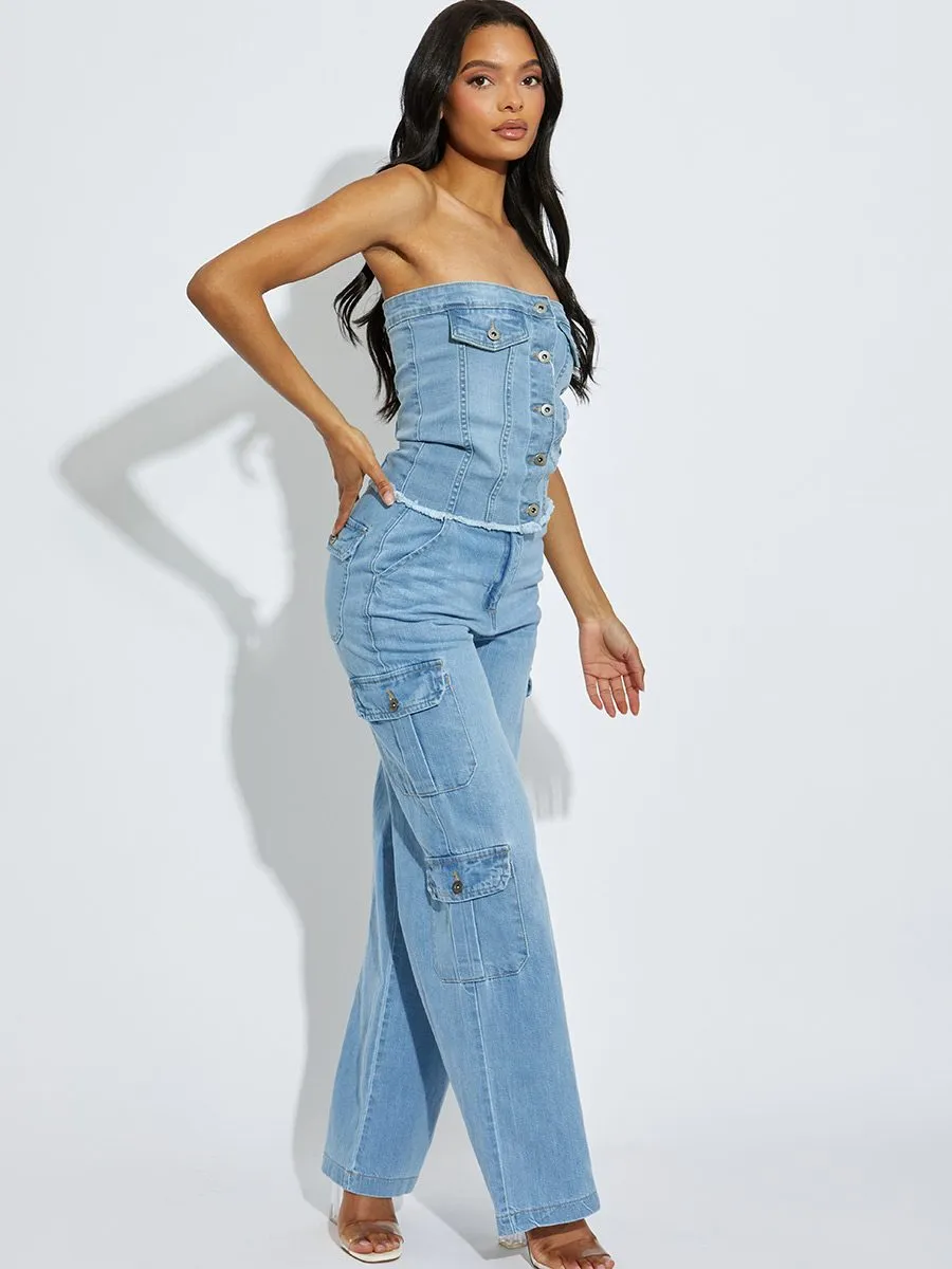 Julian Wide Leg Denim Cargo Trousers In Blue