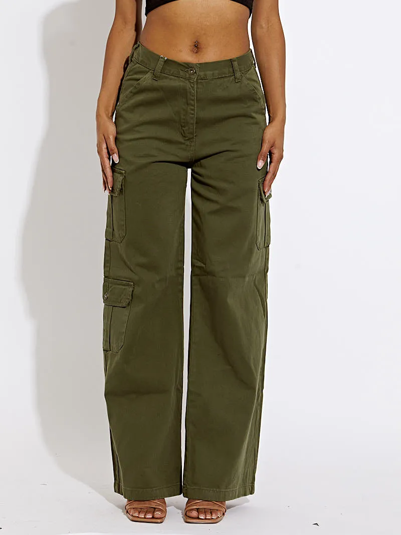 Julian Wide Leg Denim Cargo Trousers In Khaki