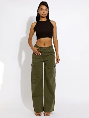 Julian Wide Leg Denim Cargo Trousers In Khaki