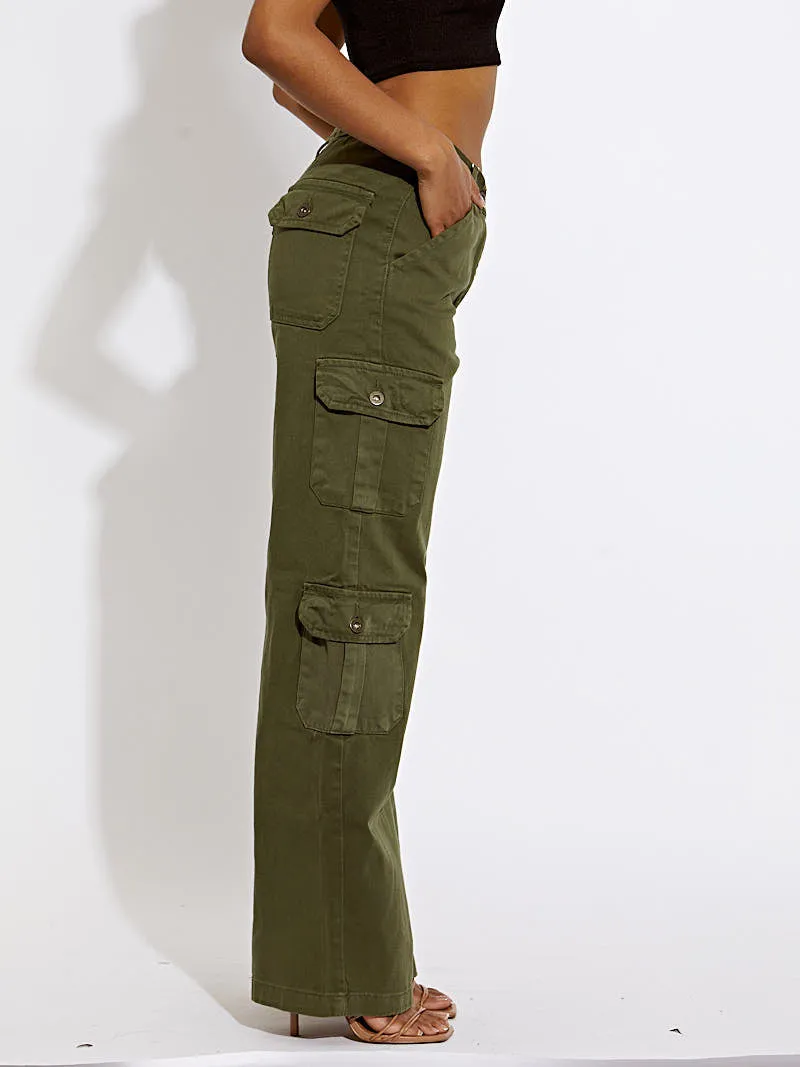 Julian Wide Leg Denim Cargo Trousers In Khaki