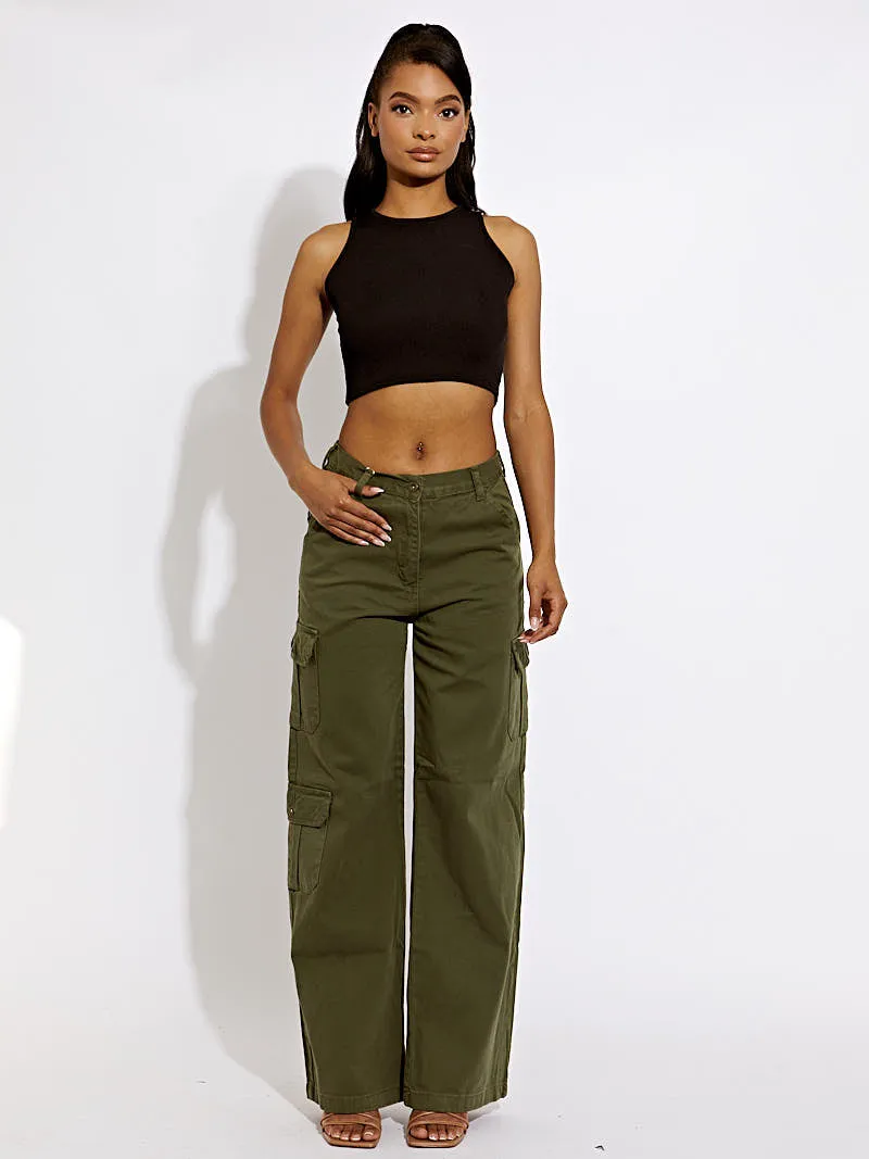 Julian Wide Leg Denim Cargo Trousers In Khaki