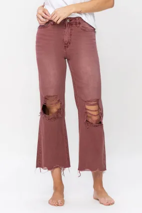 Livvy Dark Mauve Distressed Vintage Crop Flare Jeans