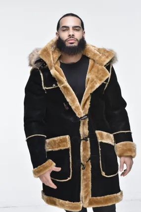 Men’s ¾ Toggle Faux Shearling with Detachable Hood - Black with Natural