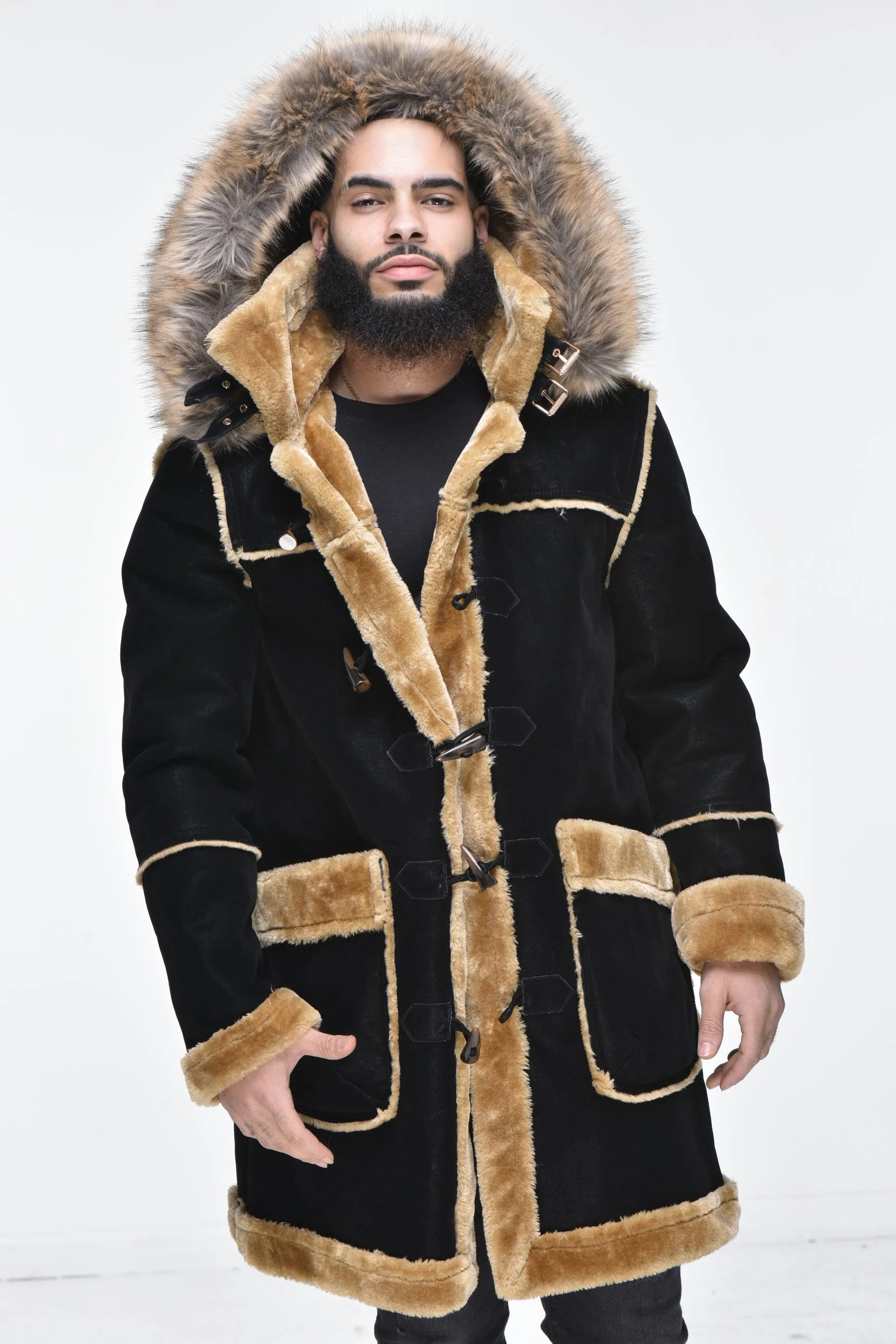Men’s ¾ Toggle Faux Shearling with Detachable Hood - Black with Natural