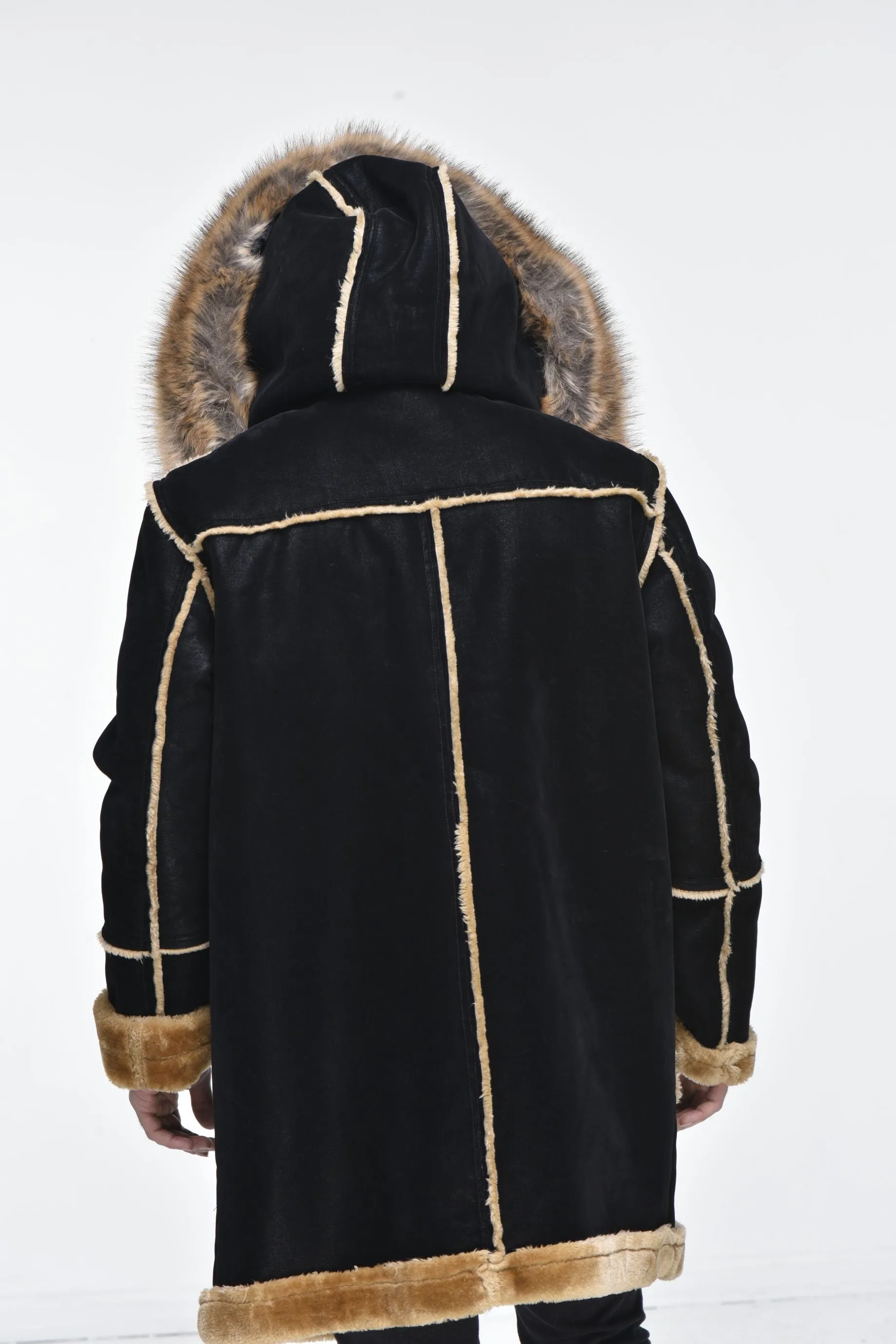 Men’s ¾ Toggle Faux Shearling with Detachable Hood - Black with Natural