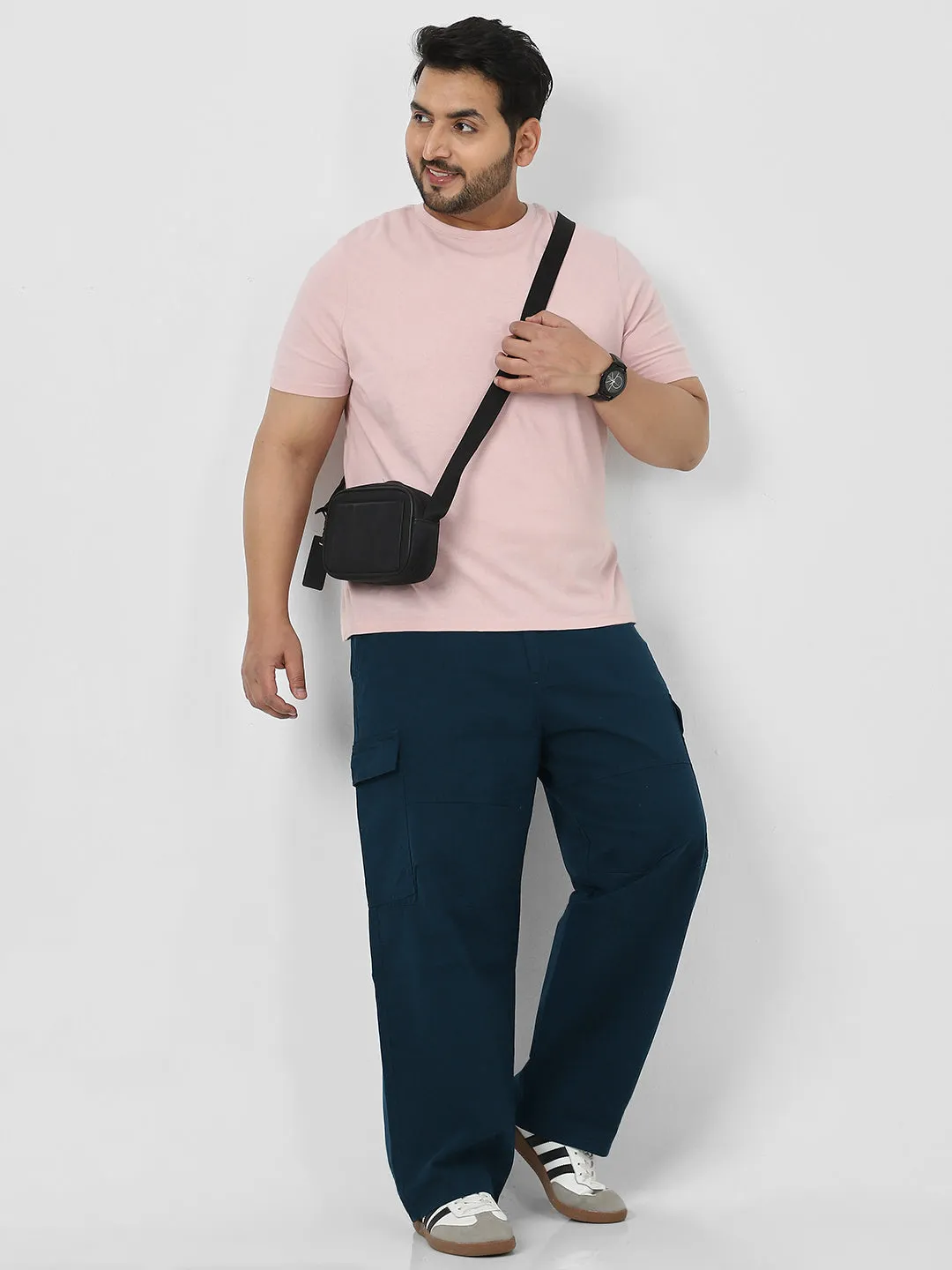 Plus Men's Navy Loose Baggy Fit Solid Cargo Chino Pant with 6 Pockets Non-Stretchable
