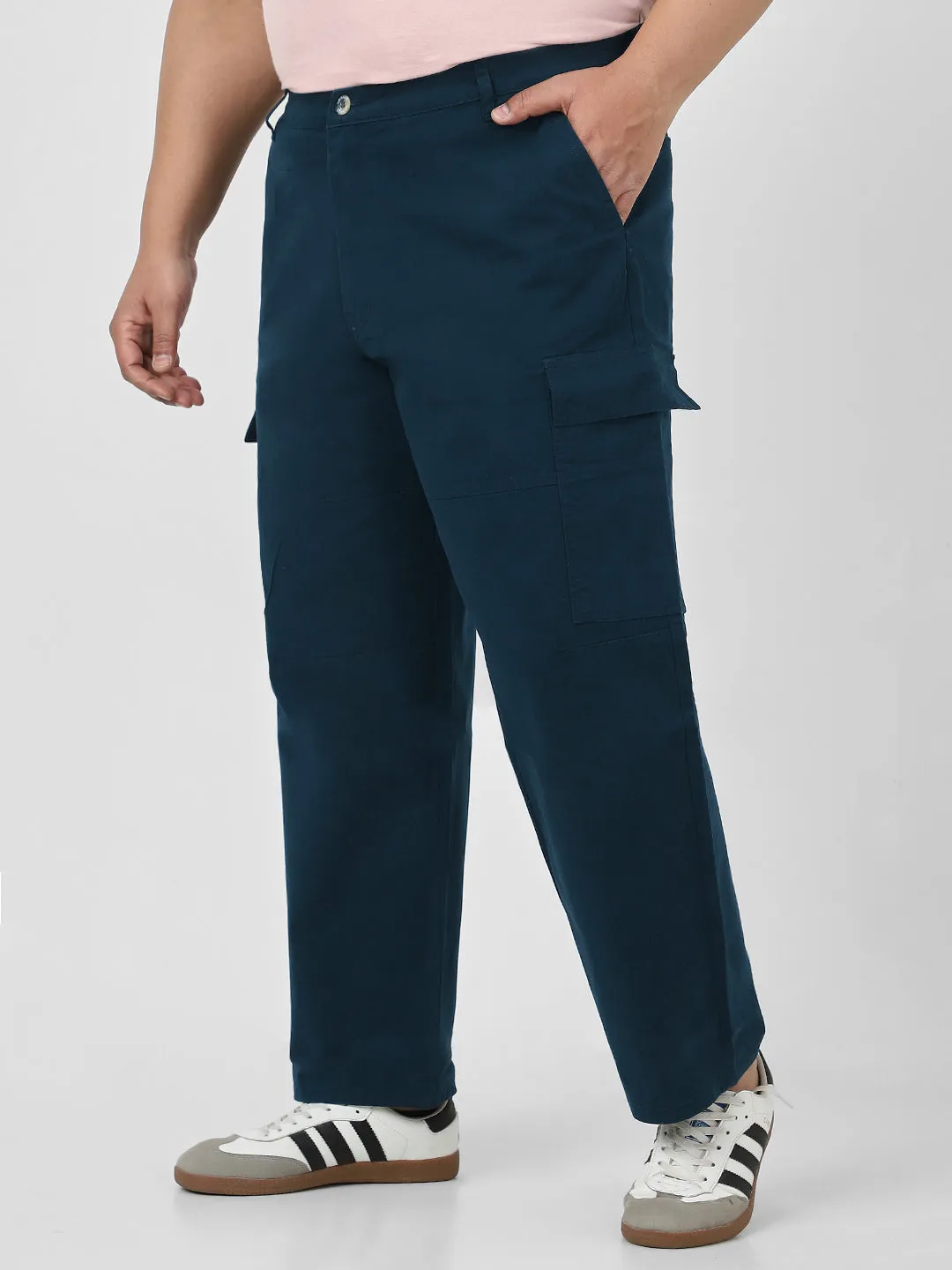 Plus Men's Navy Loose Baggy Fit Solid Cargo Chino Pant with 6 Pockets Non-Stretchable