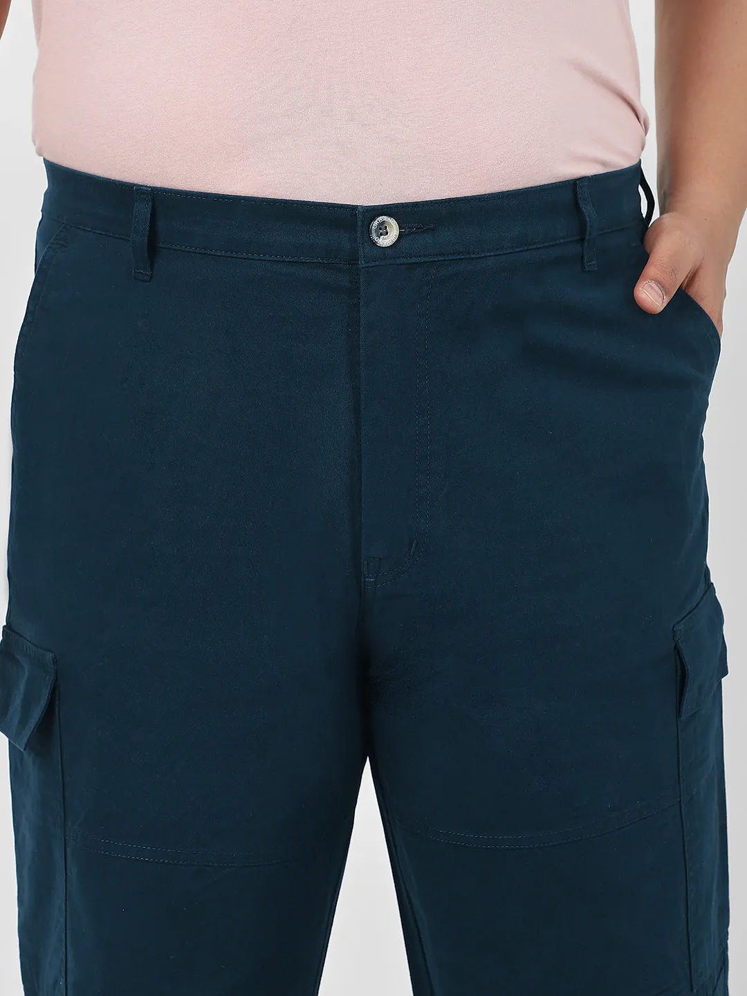 Plus Men's Navy Loose Baggy Fit Solid Cargo Chino Pant with 6 Pockets Non-Stretchable