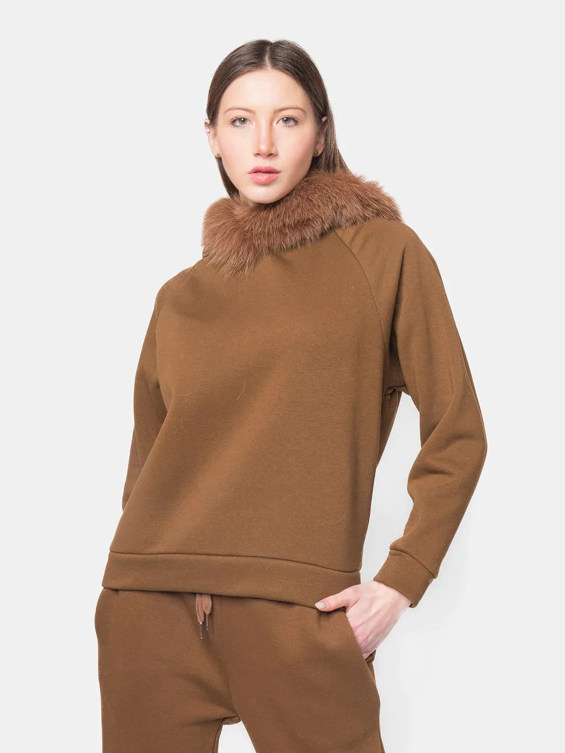 PORTO VENERE - Hood with fox trim - camel