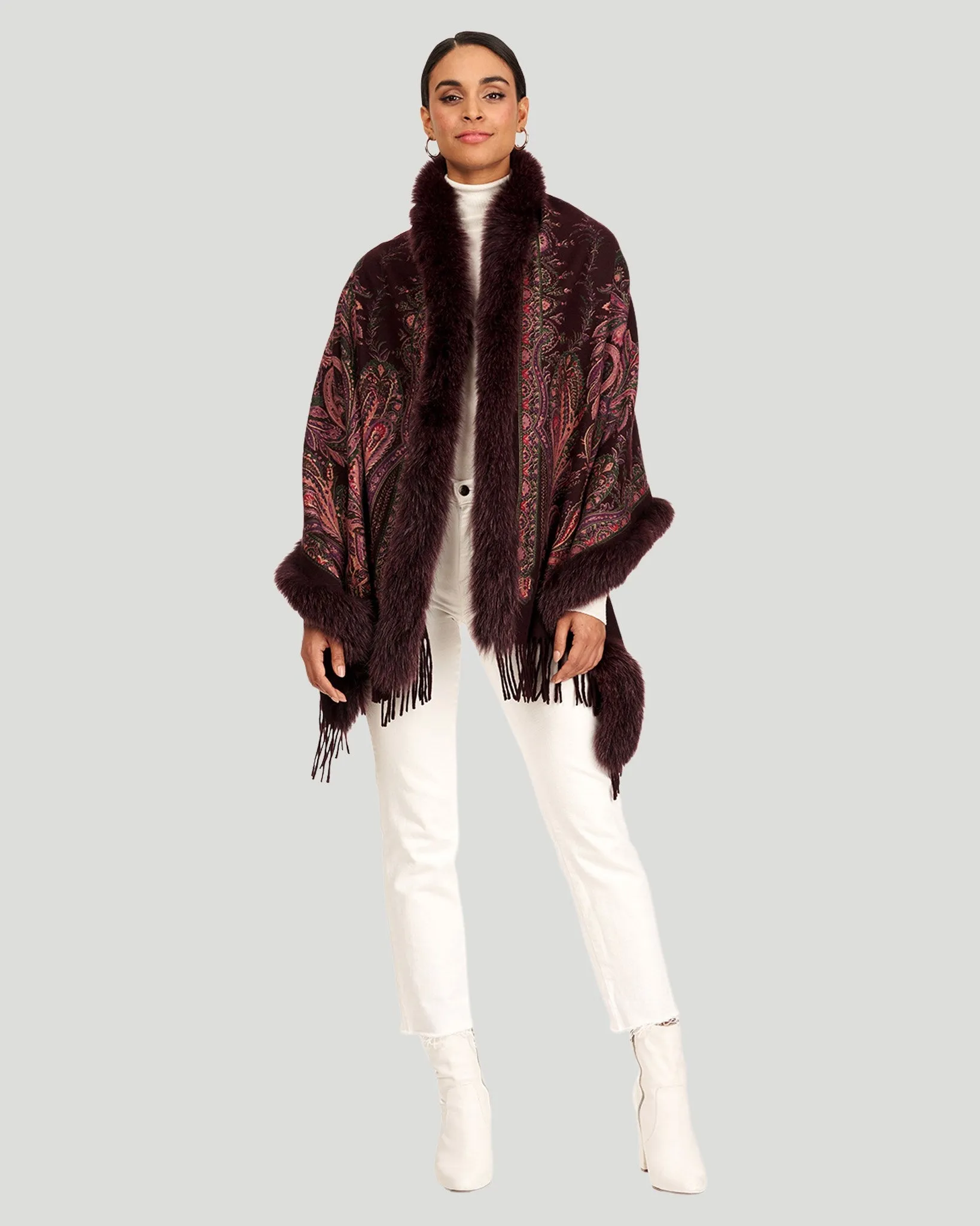 Printed Cashmere Stole with Fox Tape Top and Bottom