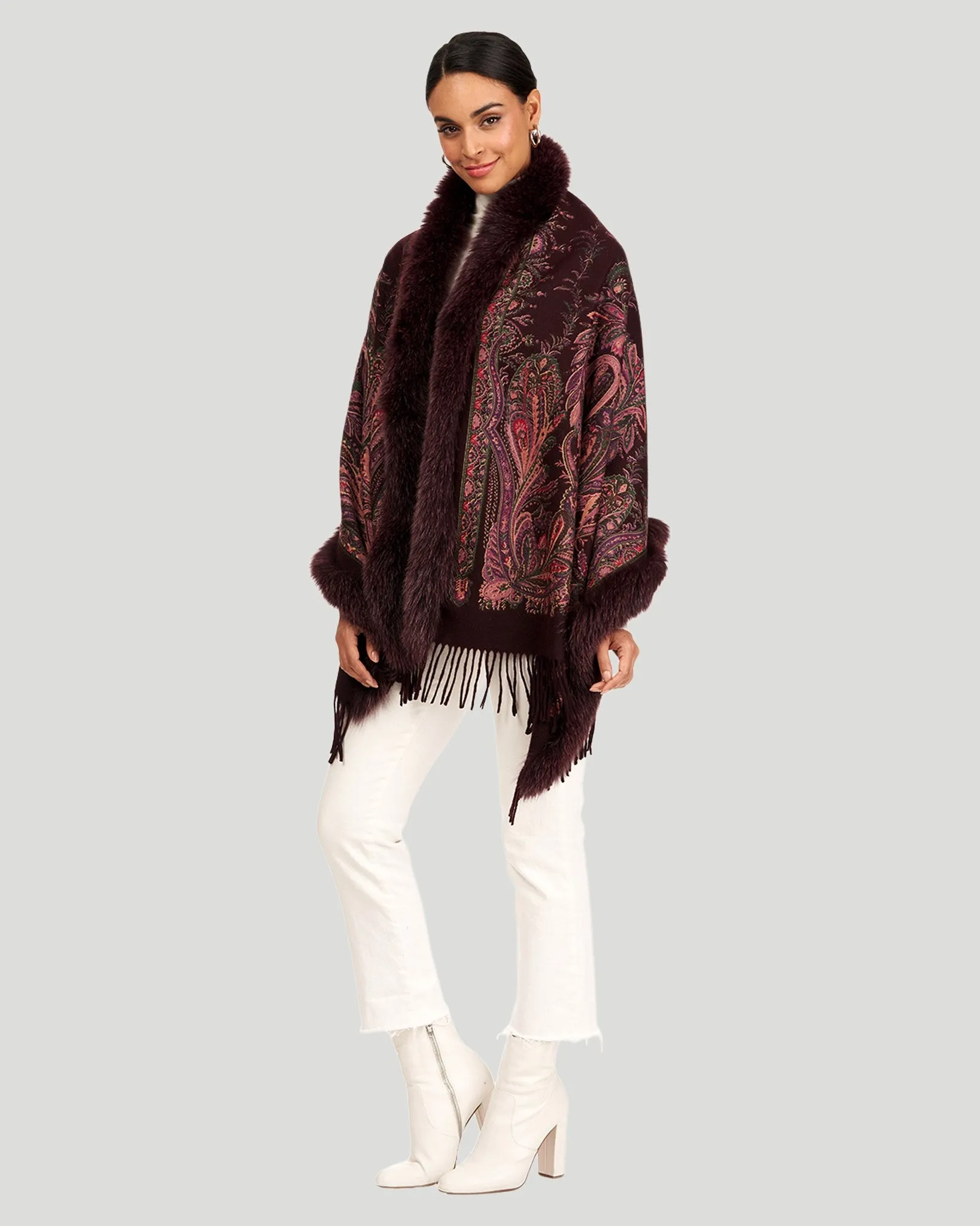 Printed Cashmere Stole with Fox Tape Top and Bottom