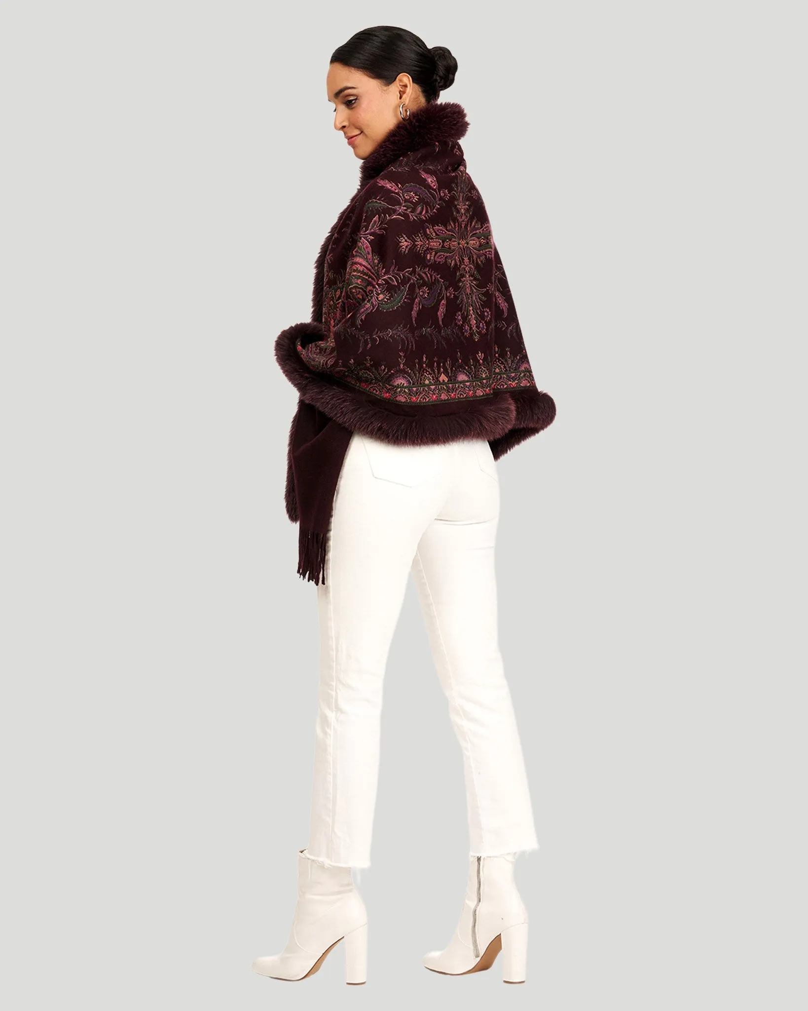Printed Cashmere Stole with Fox Tape Top and Bottom