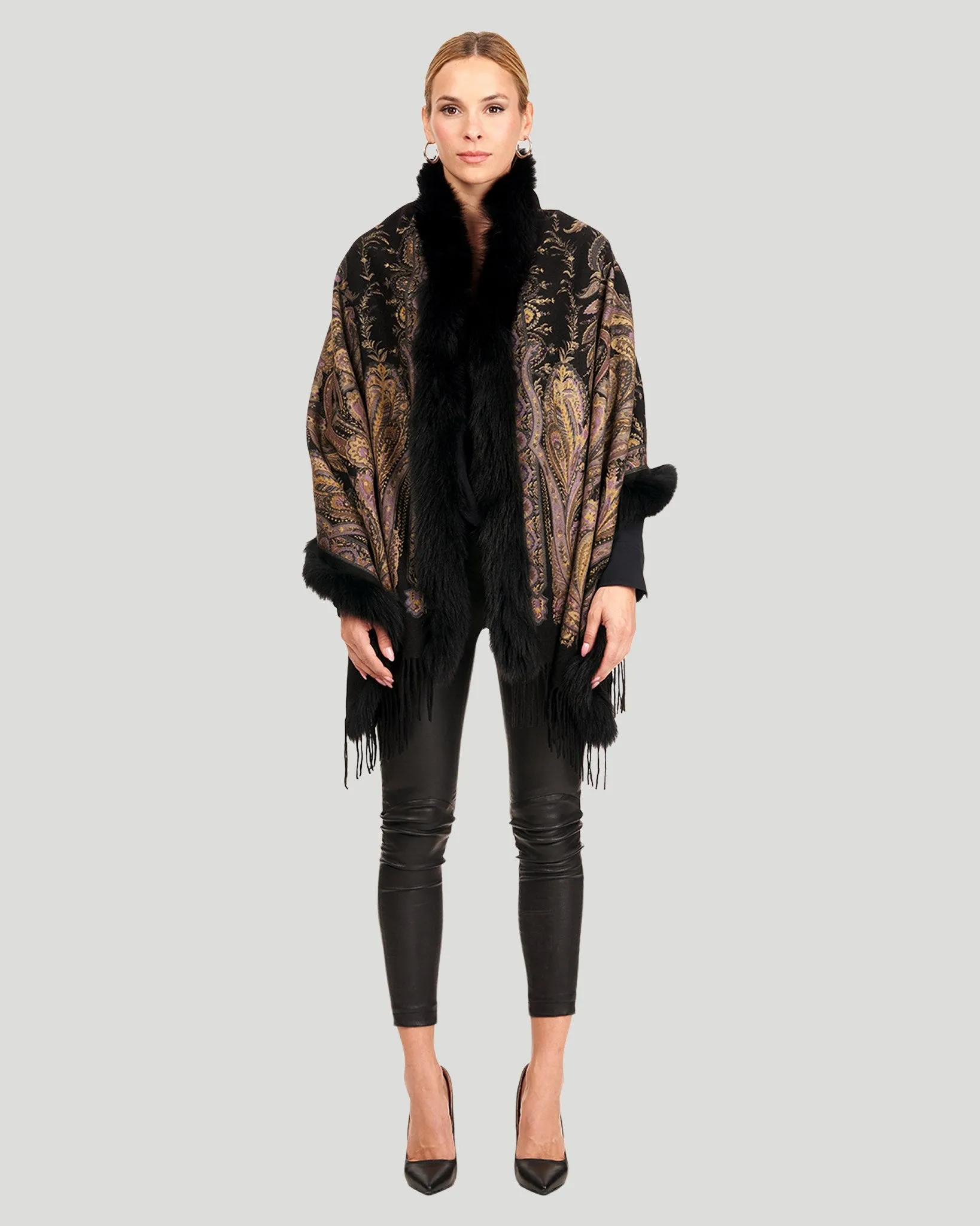 Printed Cashmere Stole with Fox Tape Top and Bottom