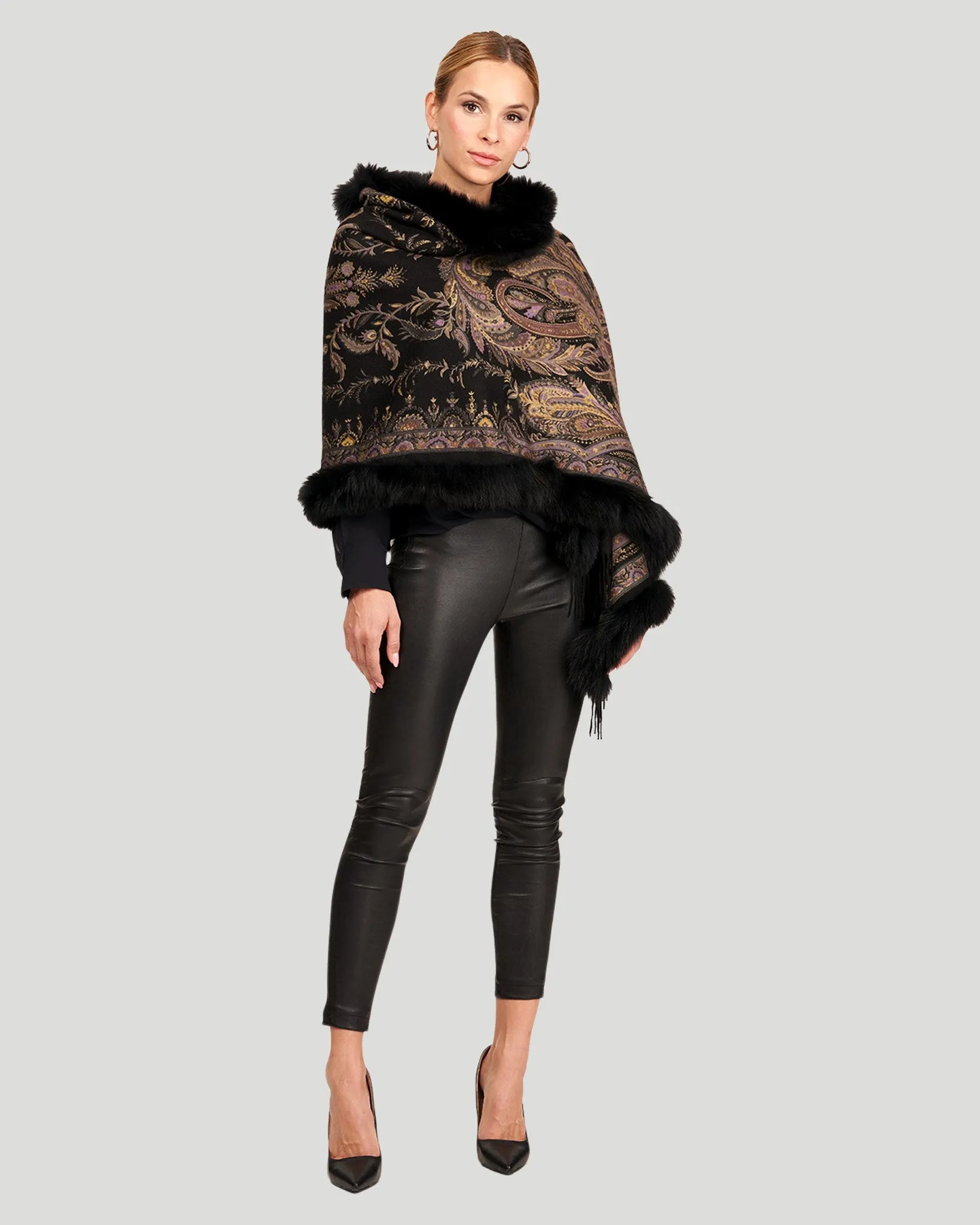 Printed Cashmere Stole with Fox Tape Top and Bottom